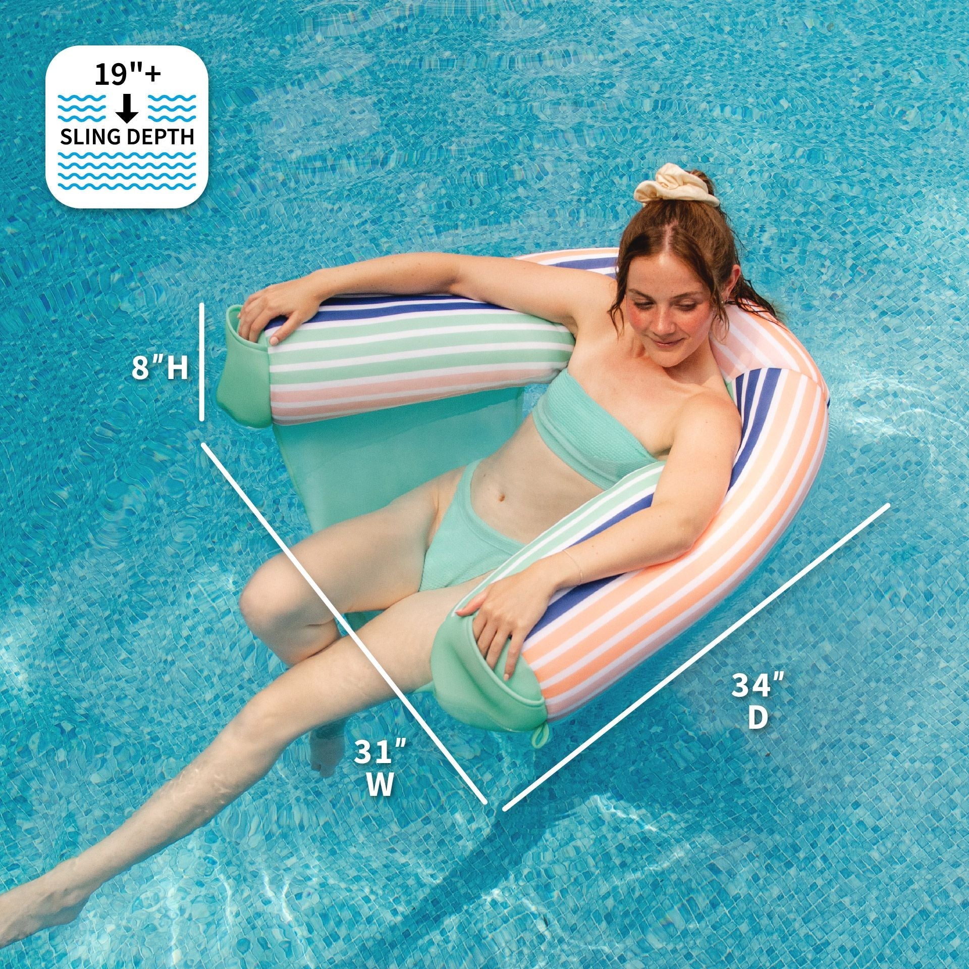 Woman lounging on a striped pool float with measurements displayed, set against a pool background.
