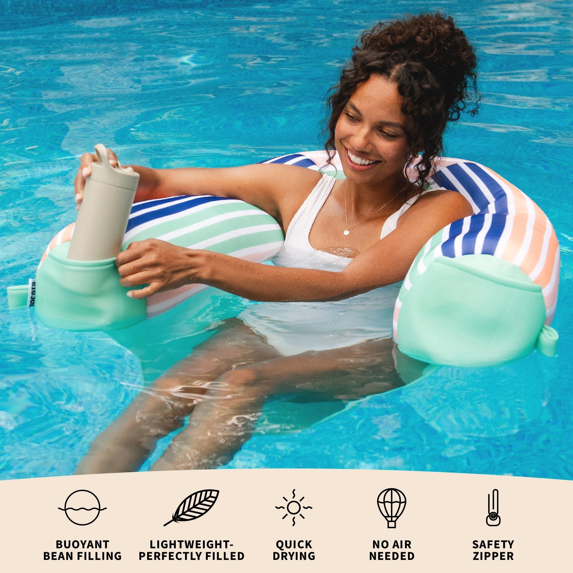 Woman sitting on a striped pool float holding a drink, with product features listed below.