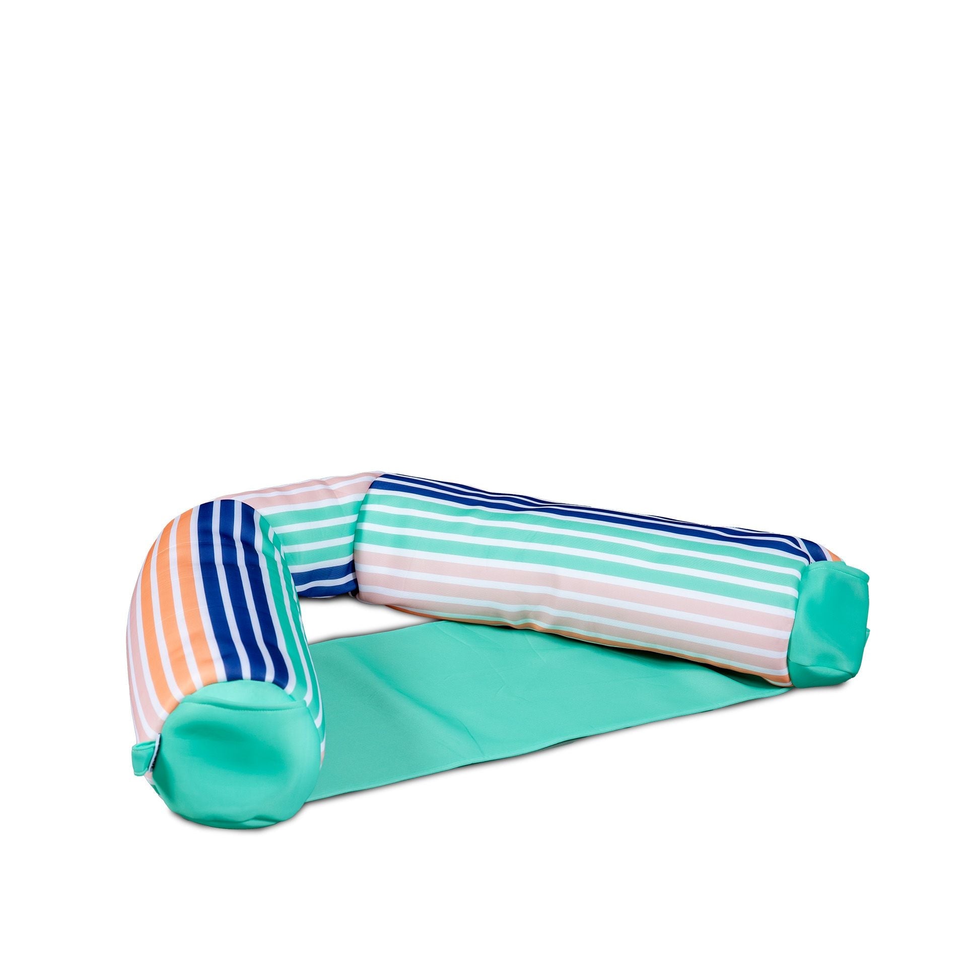 Striped inflatable pool float on a white background