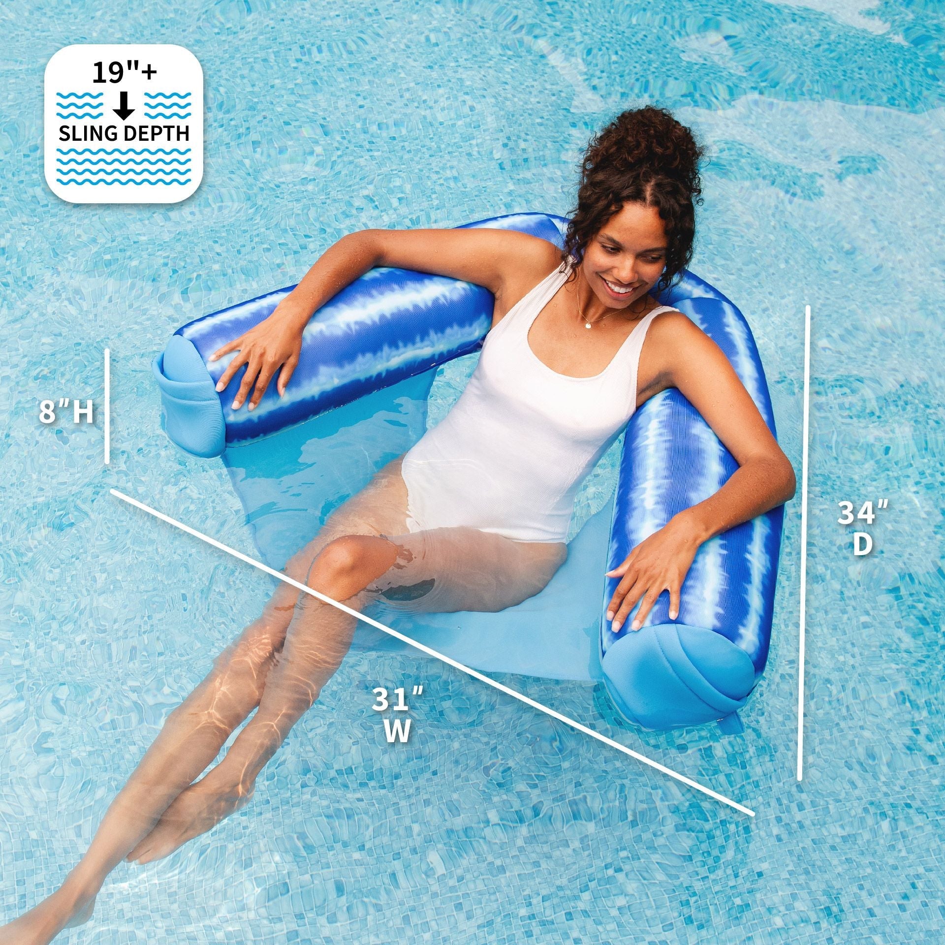 Woman lounging on a blue inflatable pool float with measurements displayed.