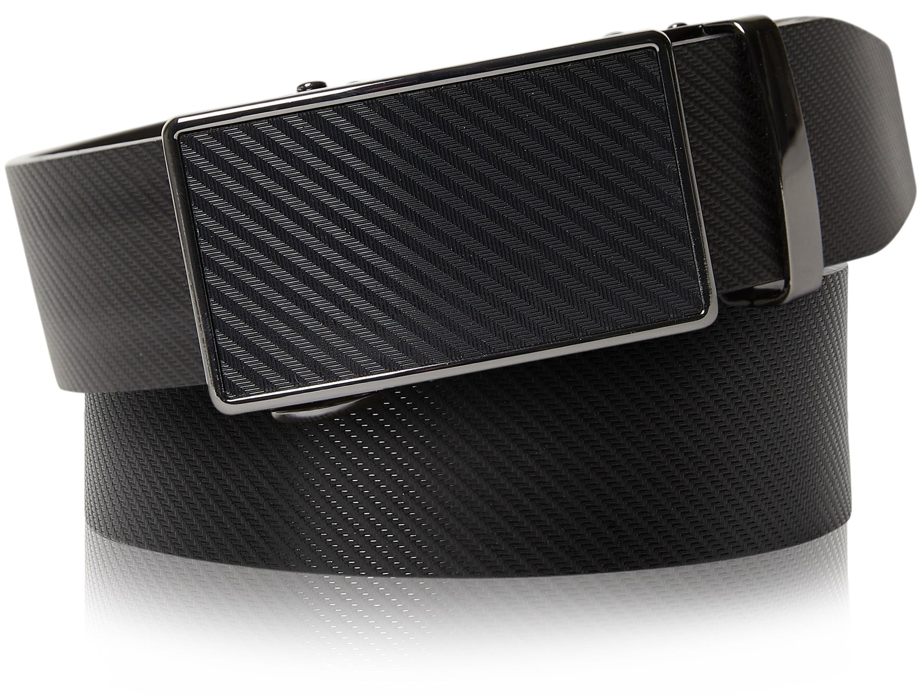 Black carbon fiber belt with a matching buckle on a white background