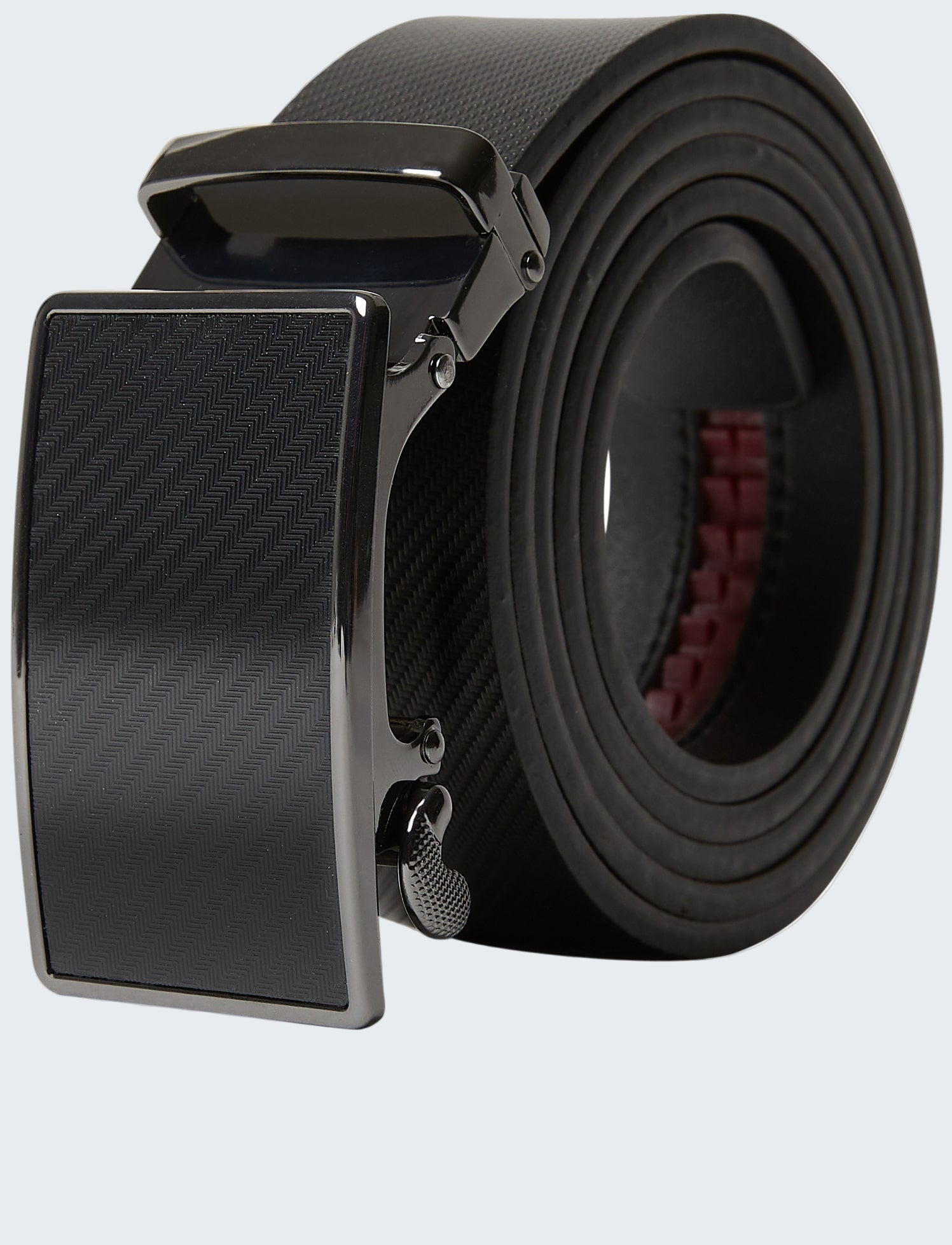 Black belt with a carbon fiber pattern buckle on a white background