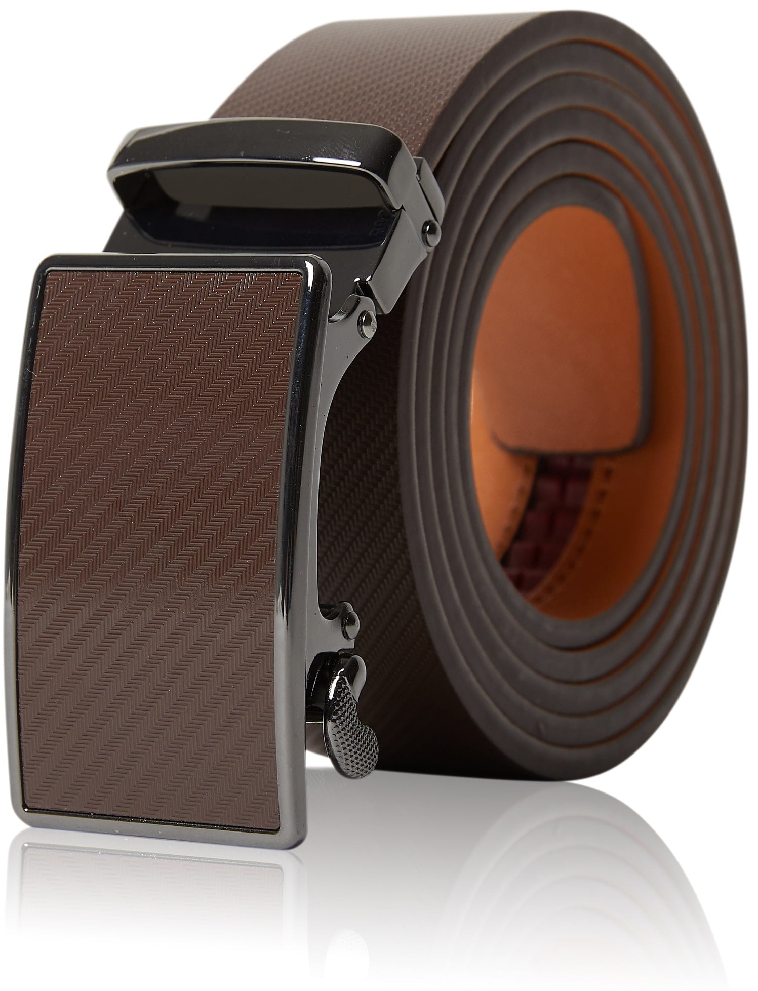 Brown belt with a silver buckle on a white background