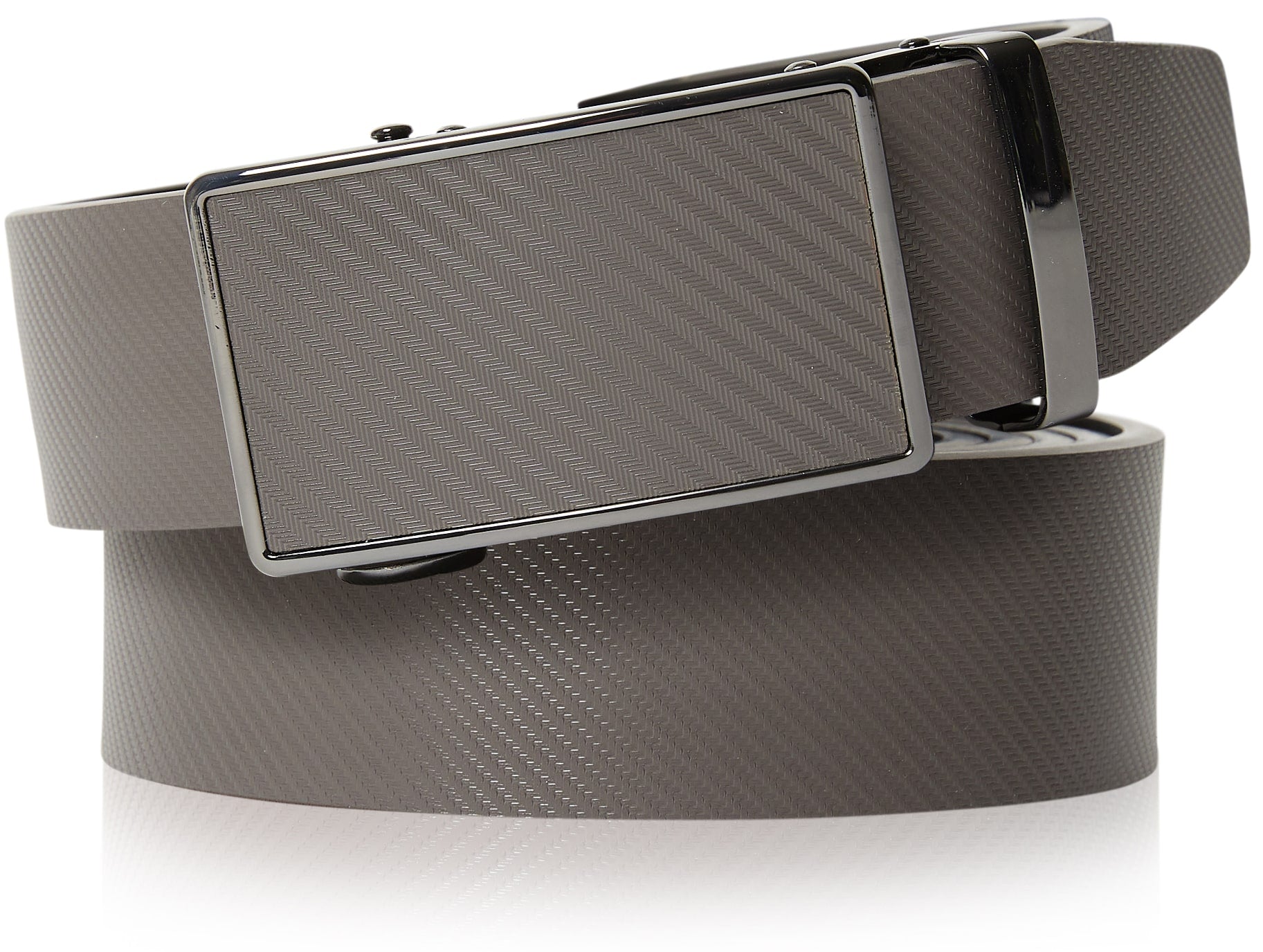 Gray textured belt with a silver buckle on a white background