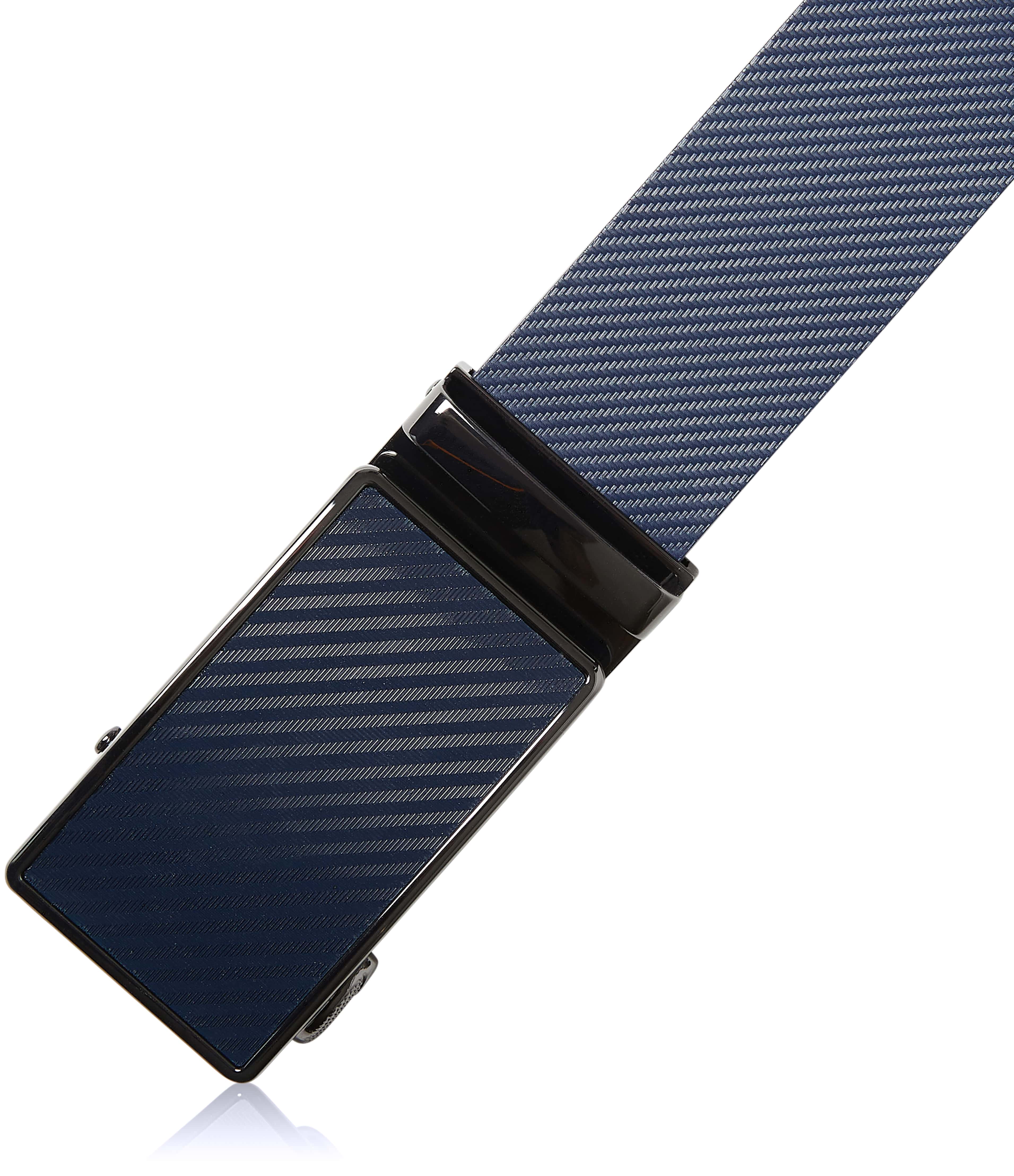 Blue woven belt with a black buckle on a white background