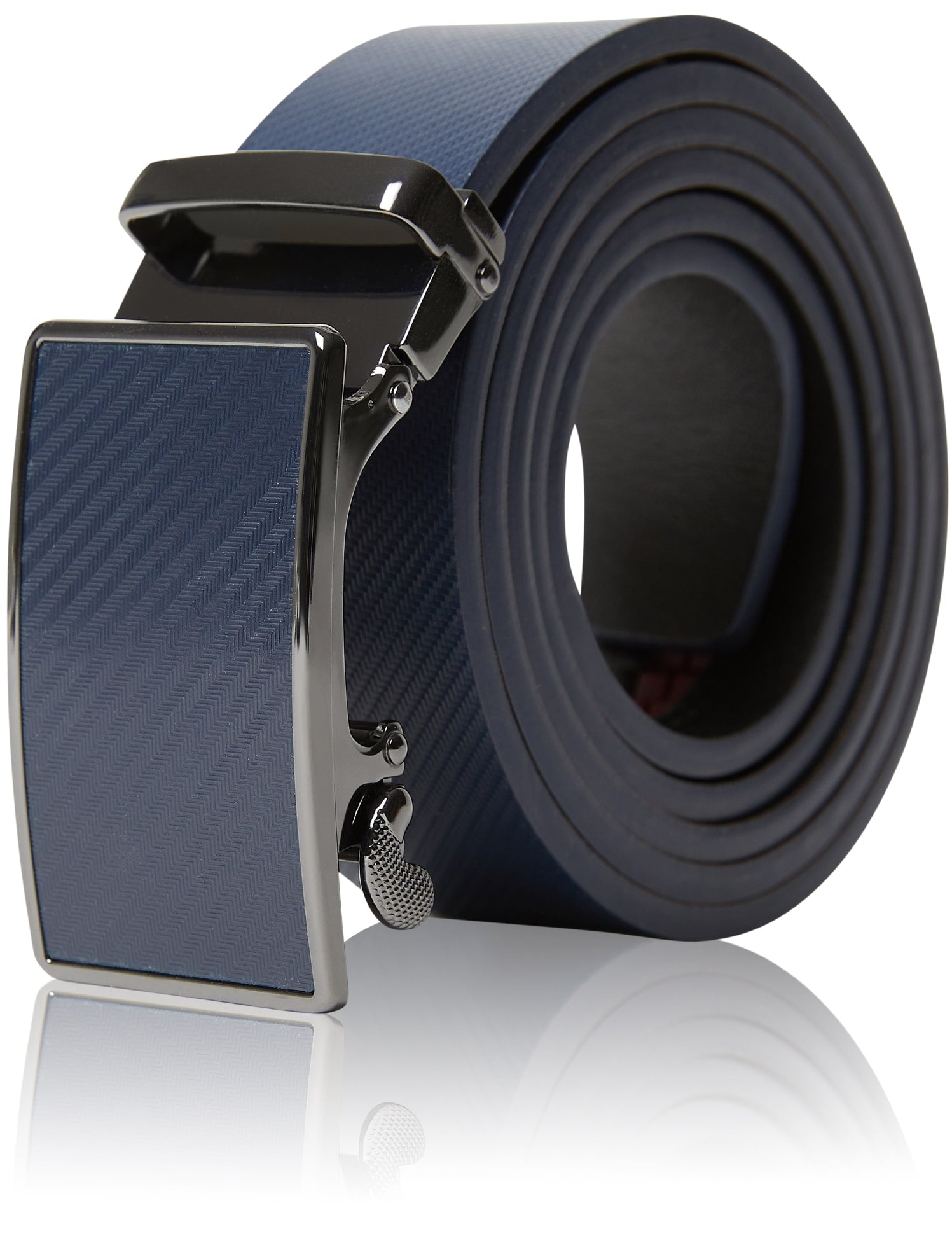 Blue belt with a silver buckle on a white background