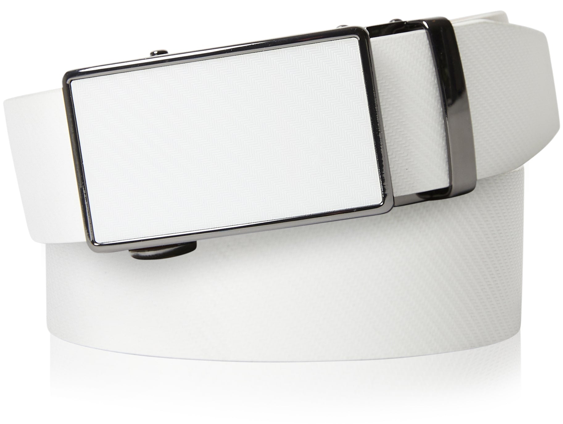 White belt with a silver buckle on a white background
