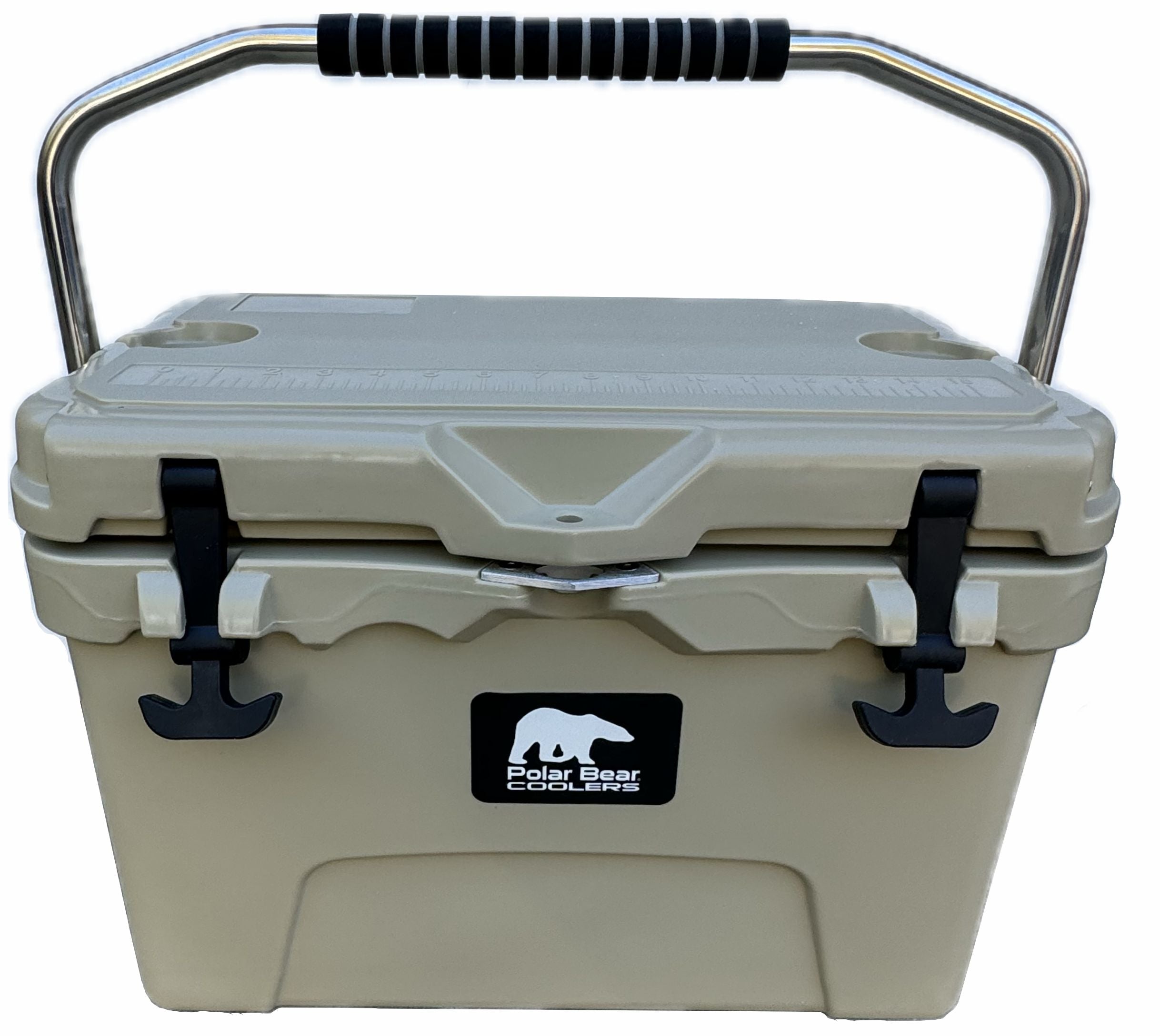 Beige cooler box with black handles and Polar Bear Coolers logo on a white background