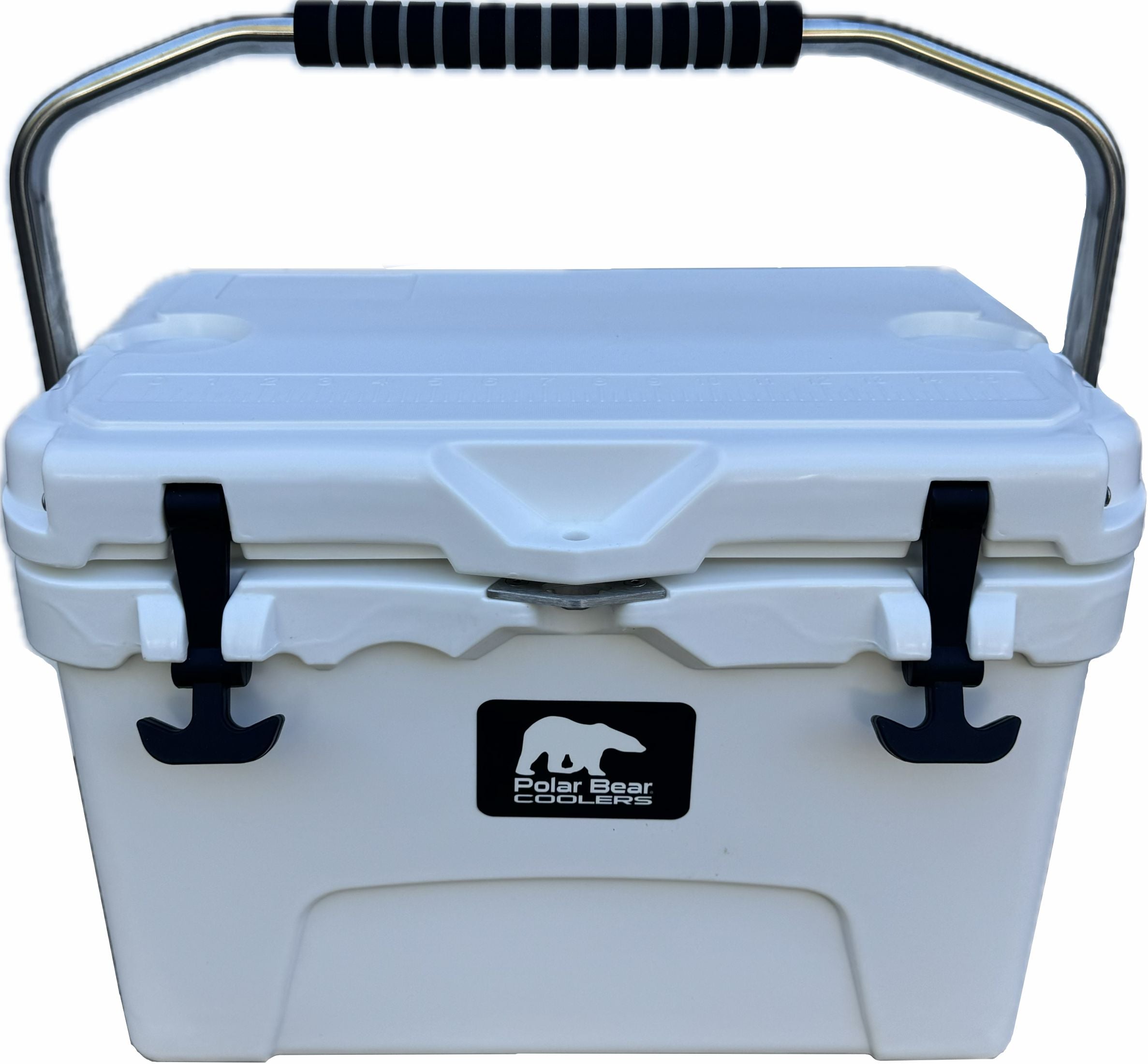 White cooler box with black handles and Polar Bear logo on a white background