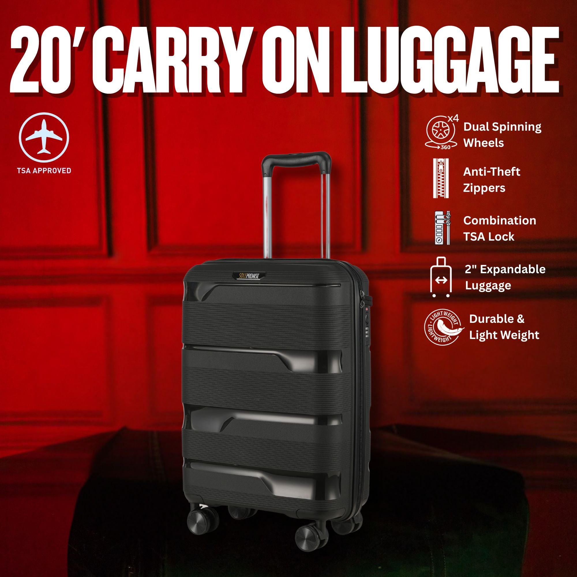 Black carry-on luggage with features listed on a red background