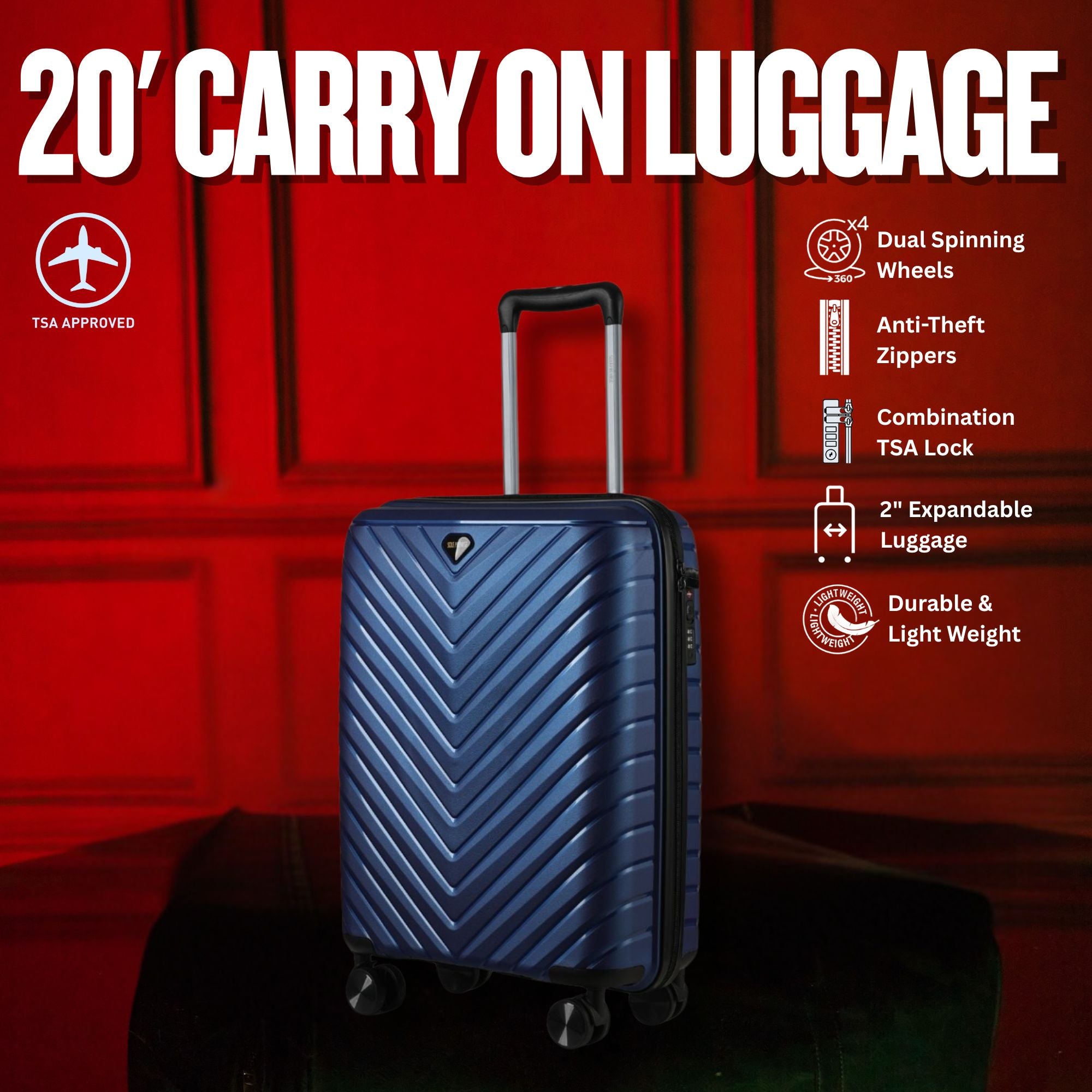 Blue carry-on luggage with features listed on a red background