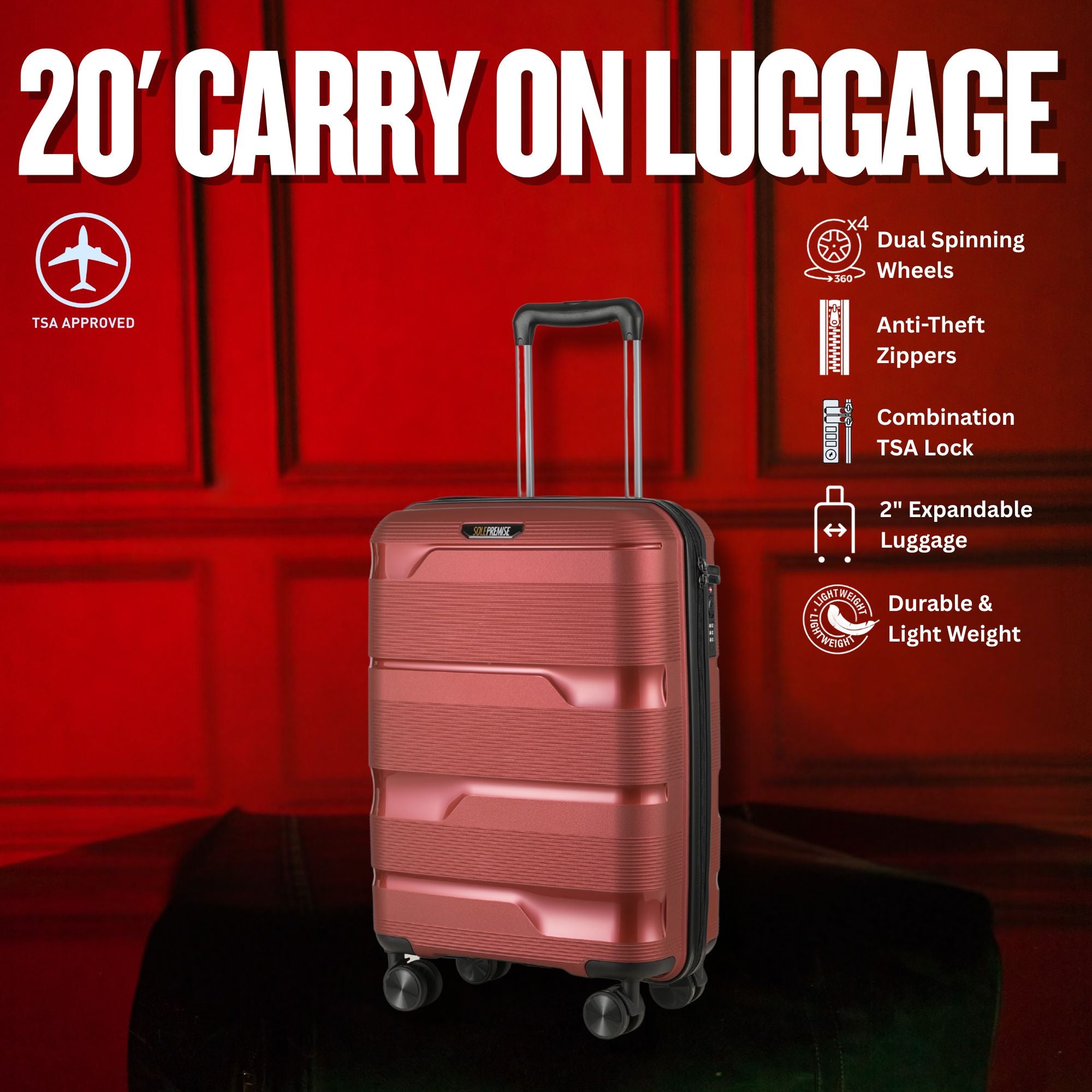 Red carry-on luggage with features listed on a red background