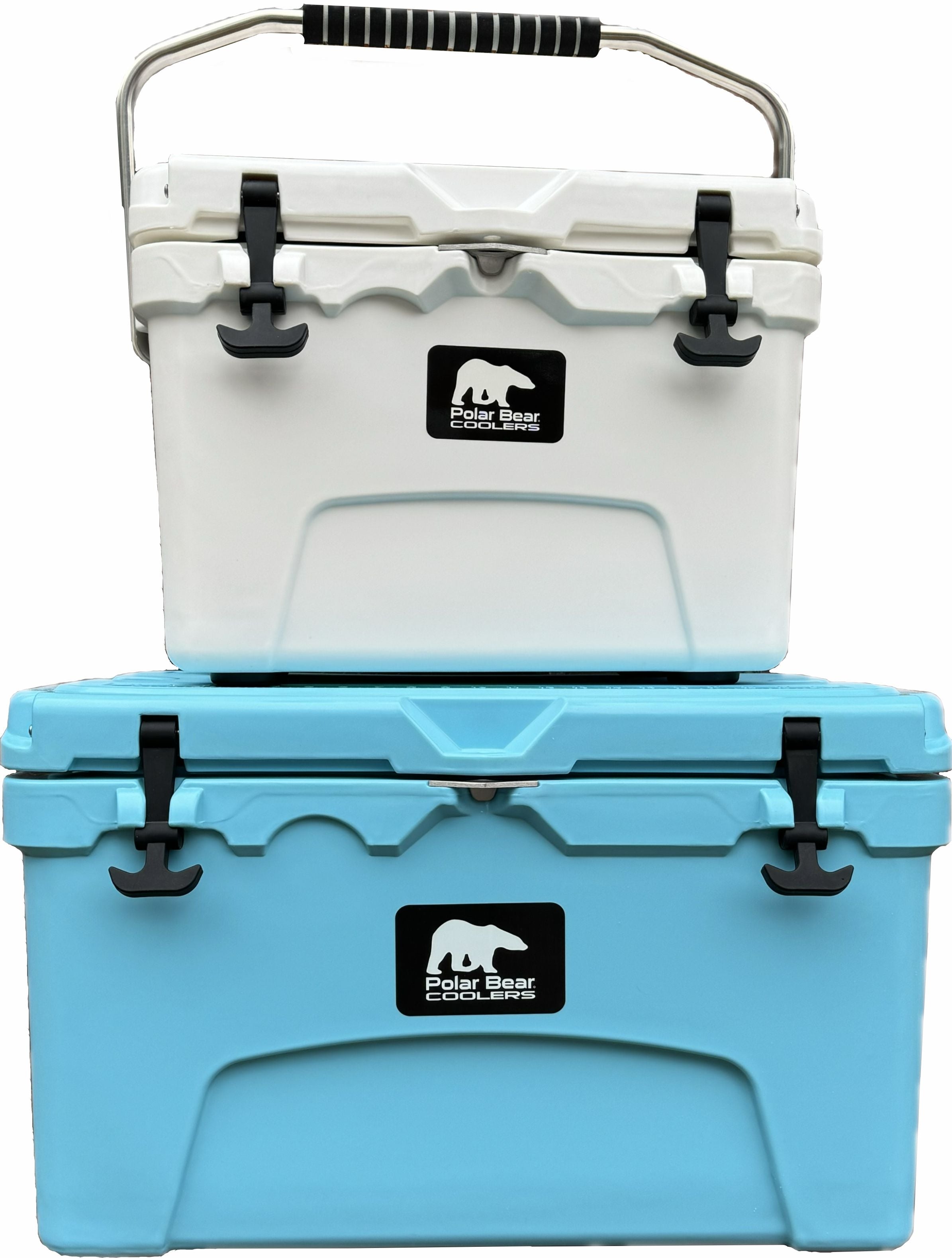 Two cooler boxes, one white and one blue, with a visible brand logo on a white background.