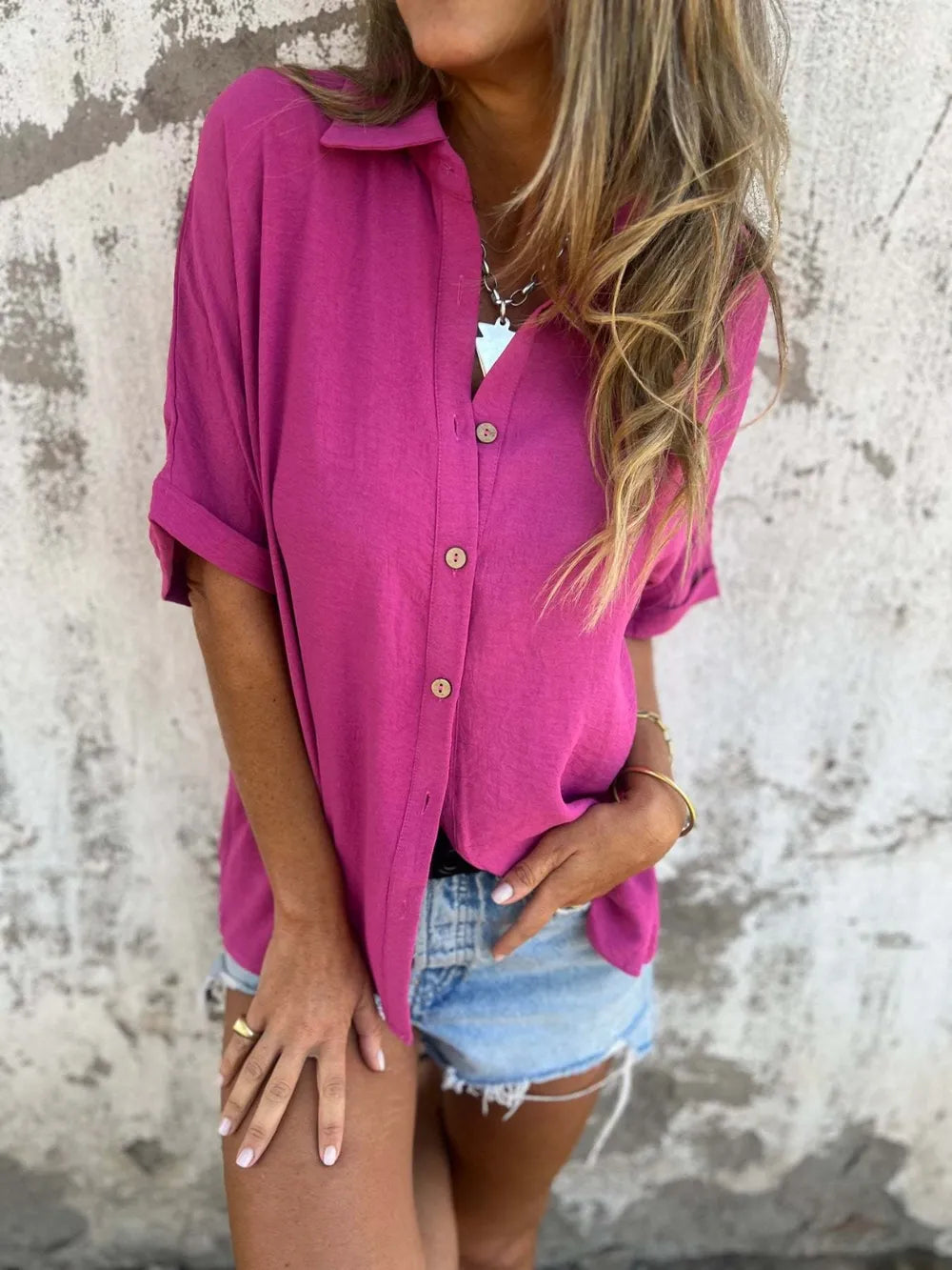 Full Size Collared Neck Half Sleeve Shirt 