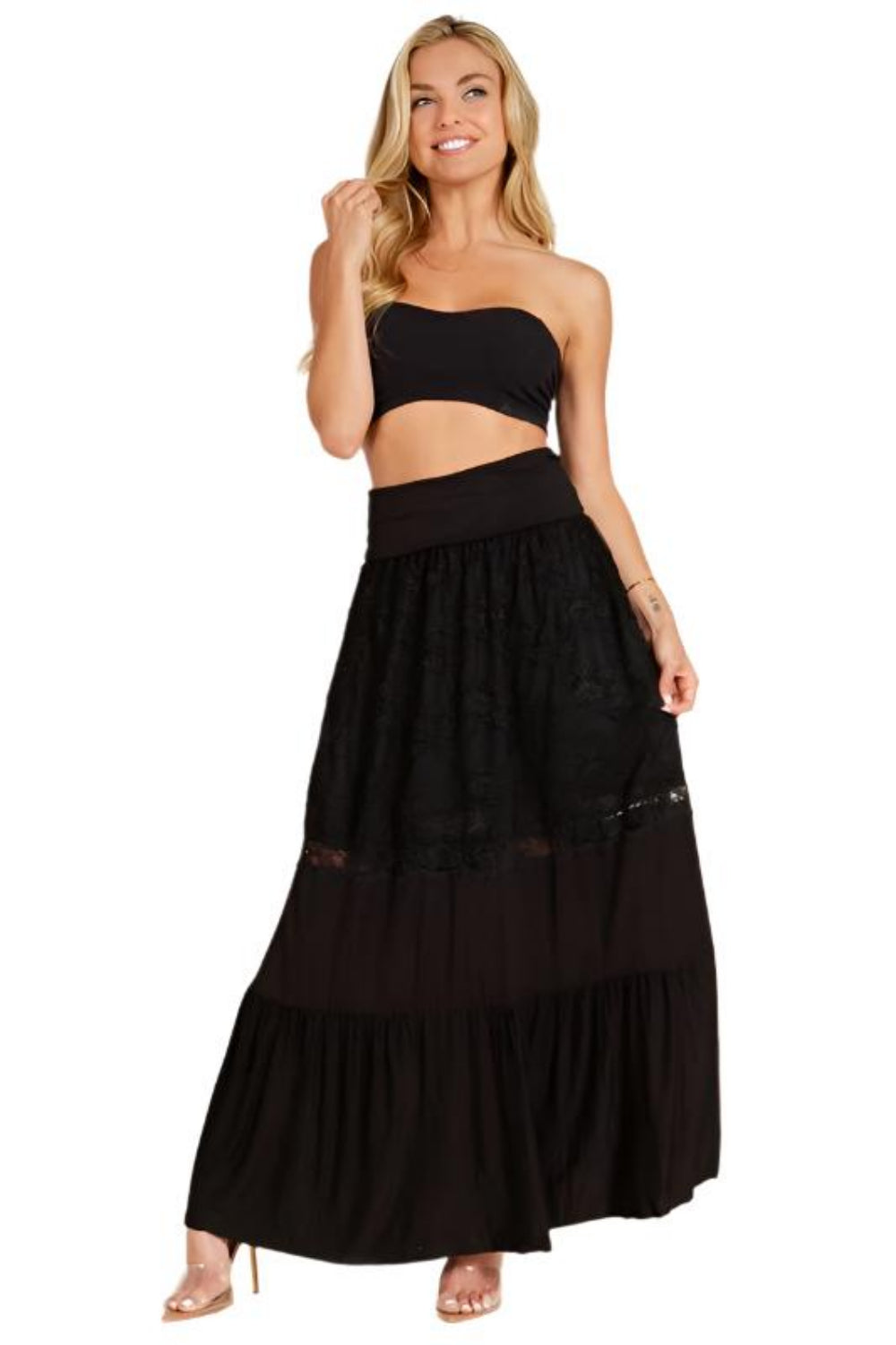 Lace Combo Tier Ruffle Maxi Skirt