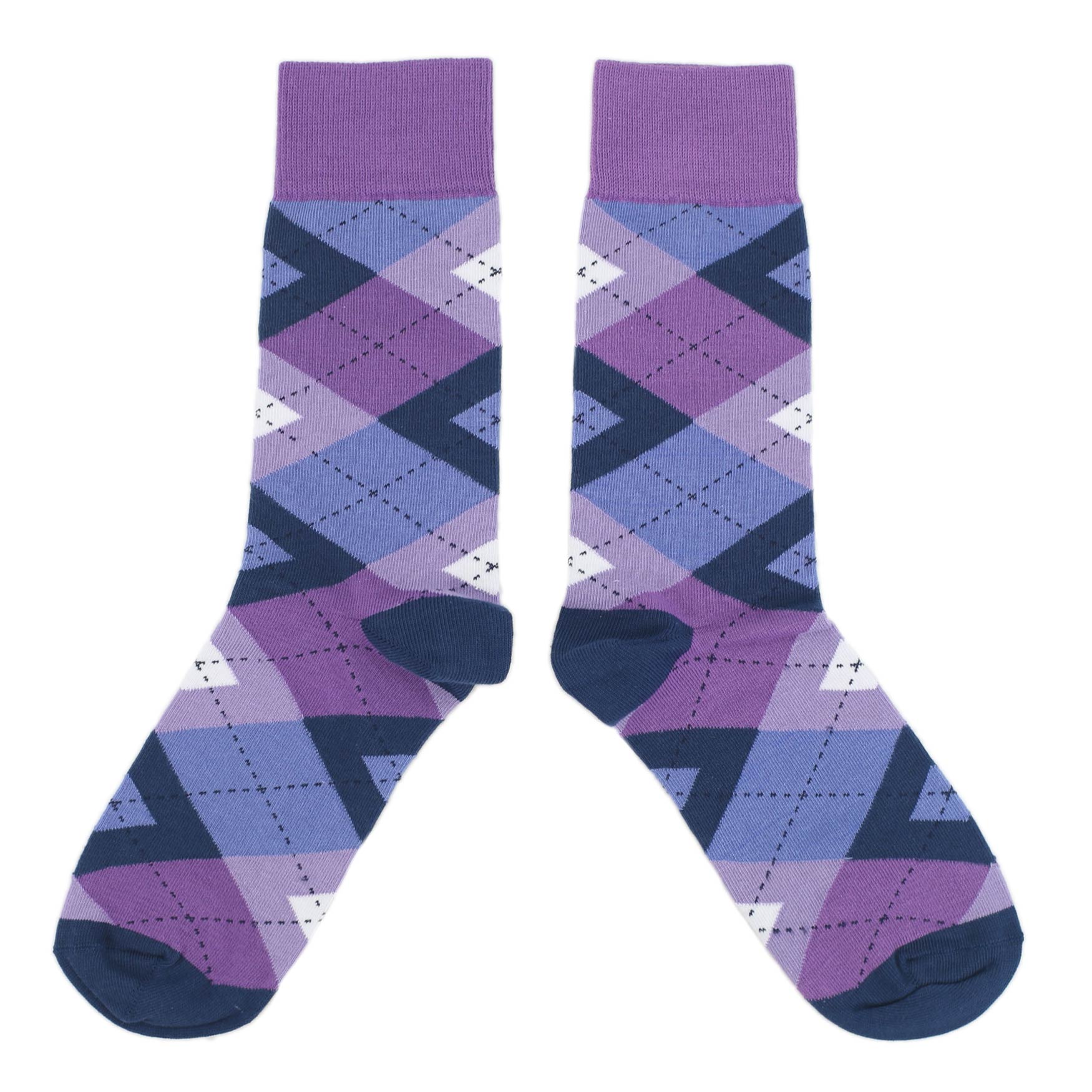 Pair of purple and blue patterned socks on a white background