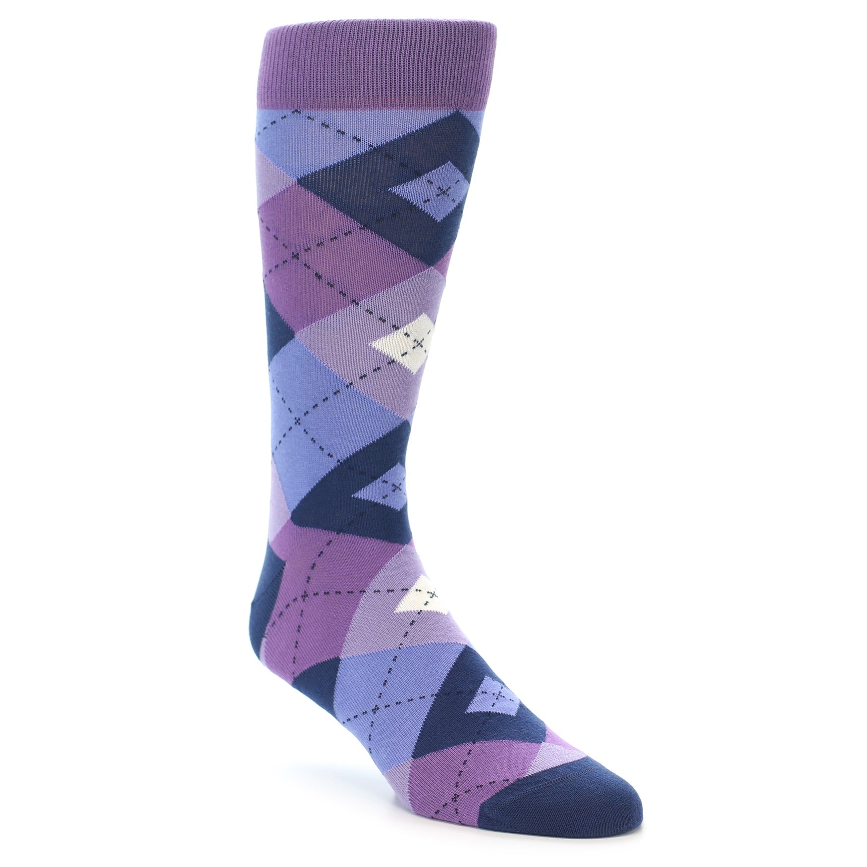 Purple and blue argyle patterned sock on a white background