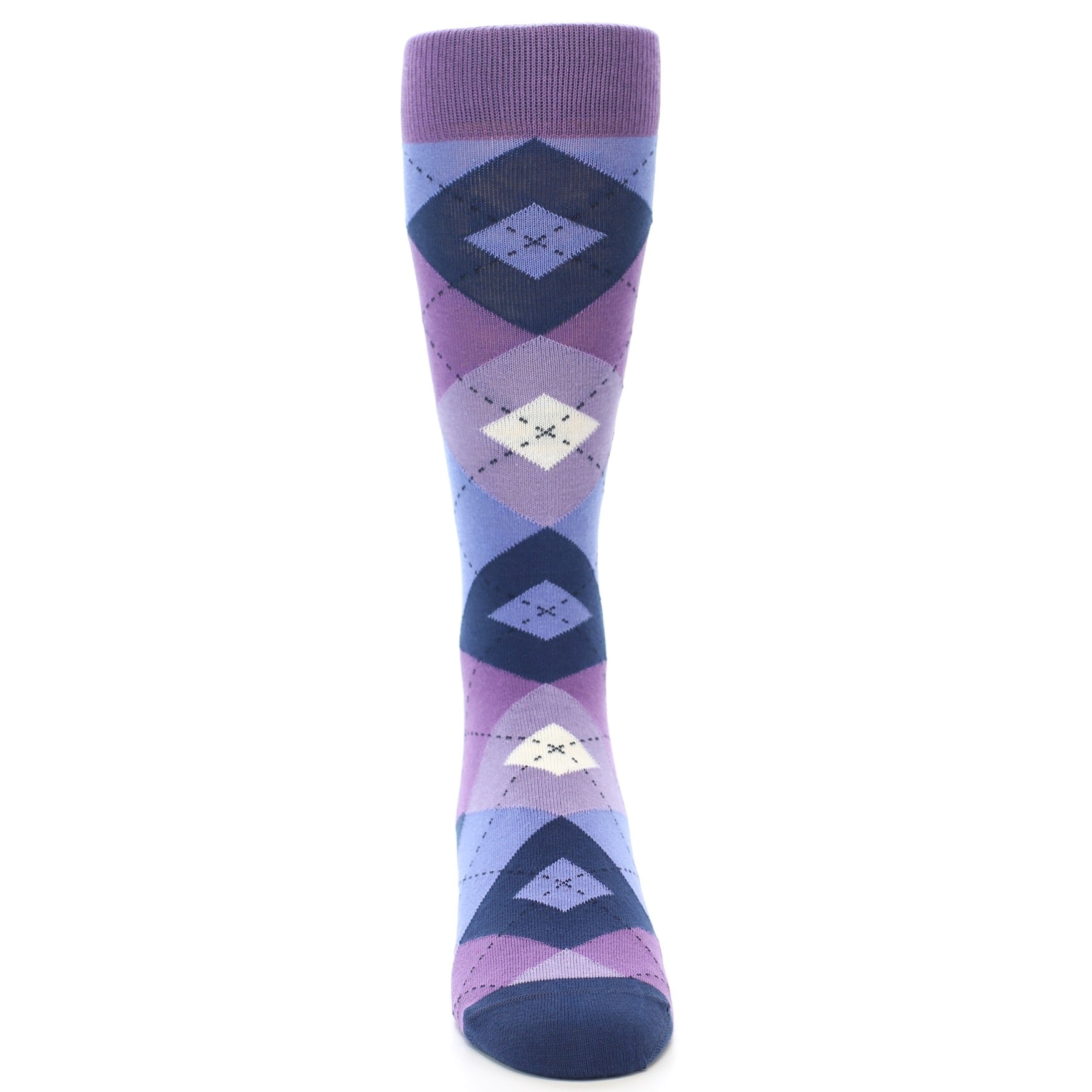 Purple and blue argyle patterned sock on a white background