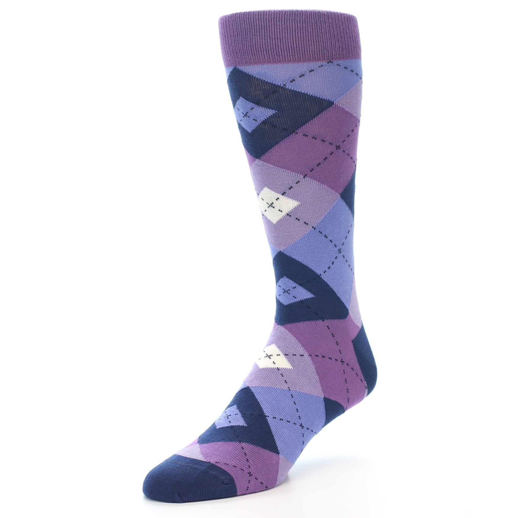 Purple and blue argyle patterned sock on a white background