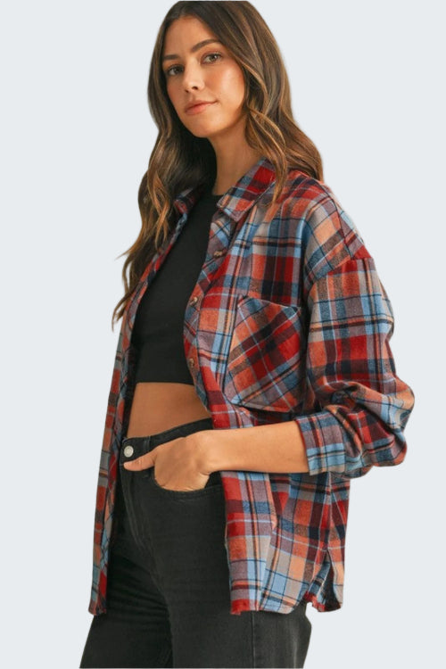 Plaid Print Drop Sleeve Loose Shirt