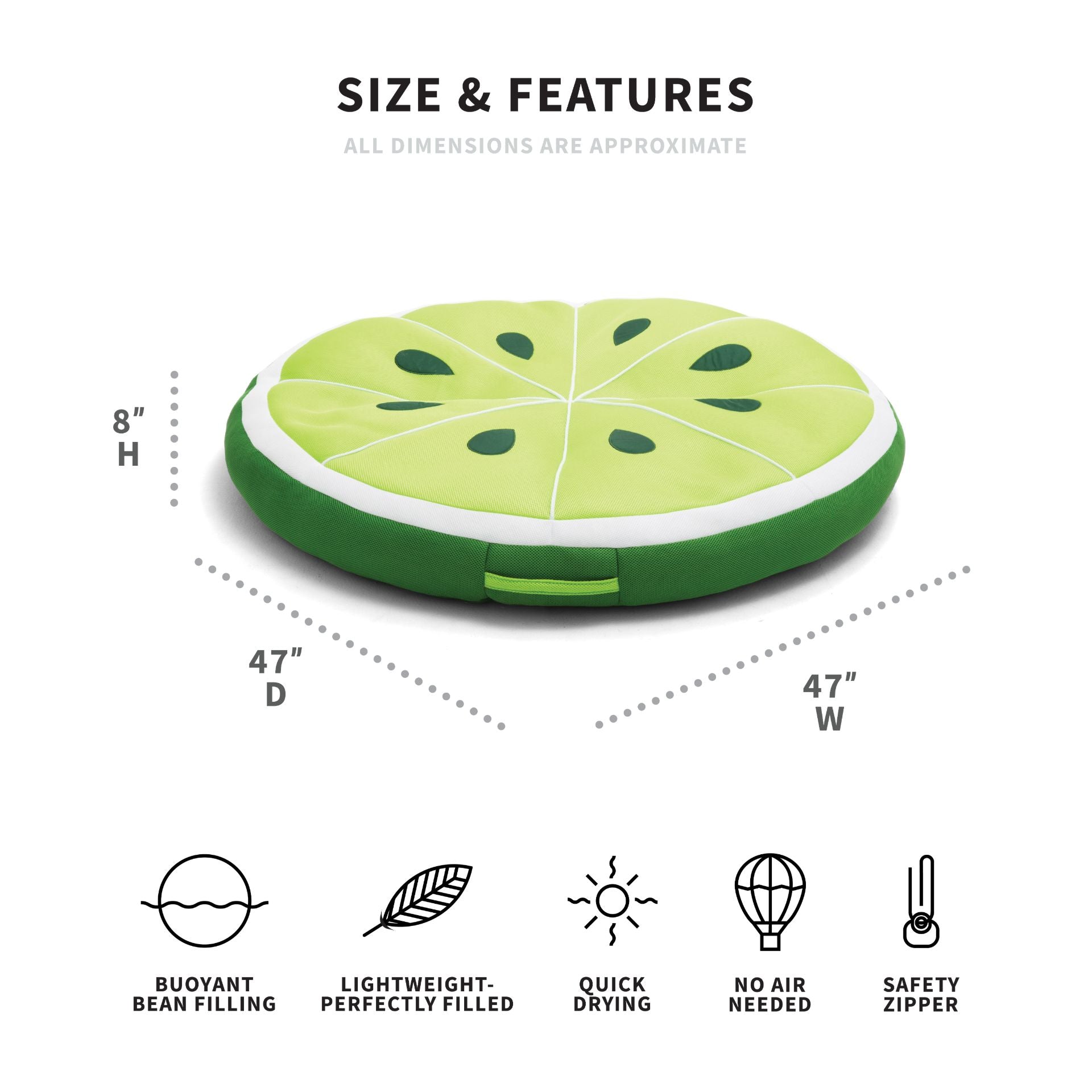 Inflatable pool float shaped like a lime with dimensions and features listed on a white background.