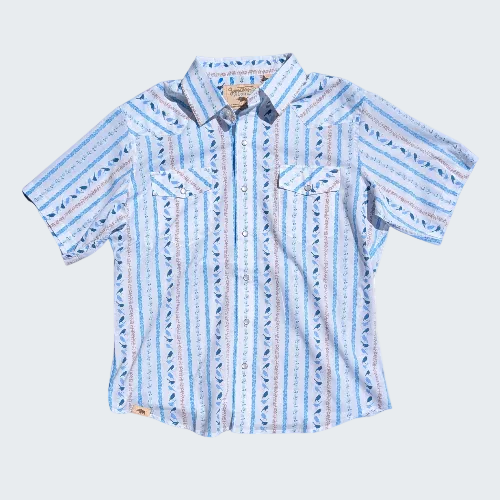 Short-sleeve shirt with blue and white pattern on a white background