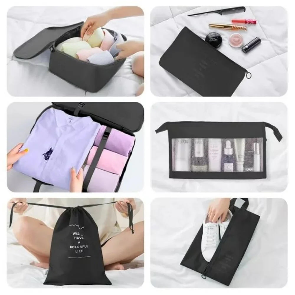 Collage of various travel organizers being used to pack items.