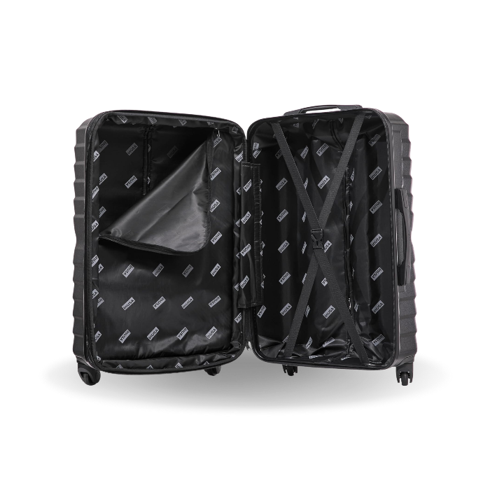 Black suitcase with open lid on a white background