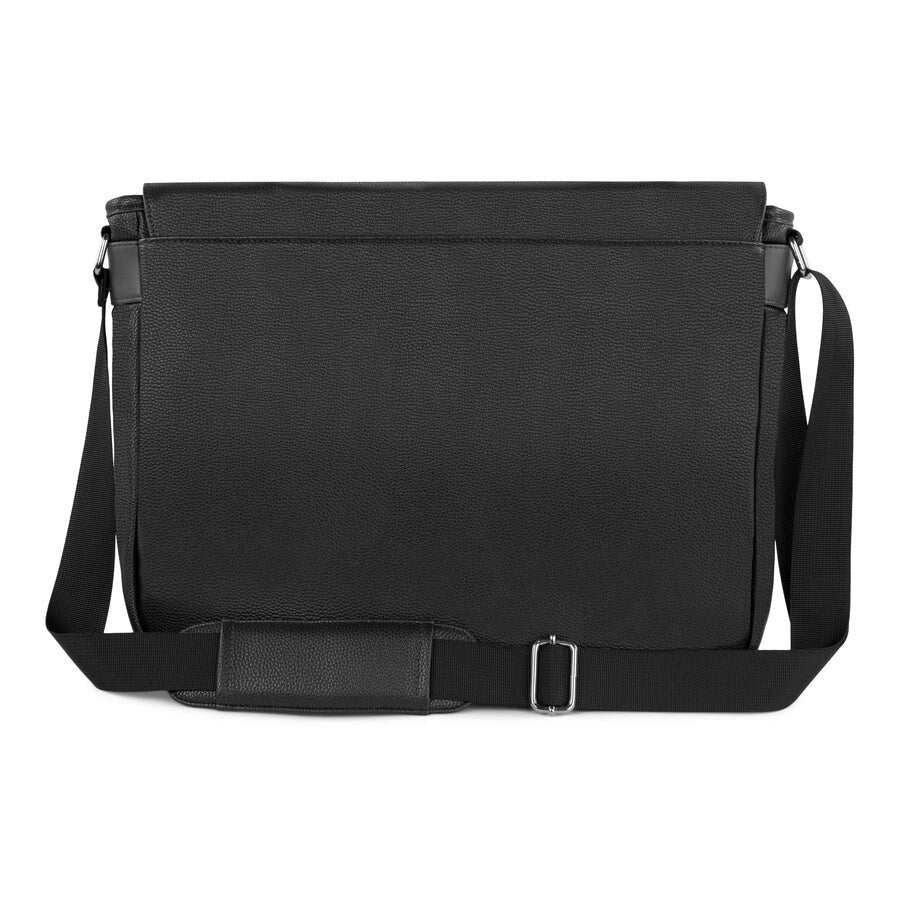 Black messenger bag with a strap on a white background