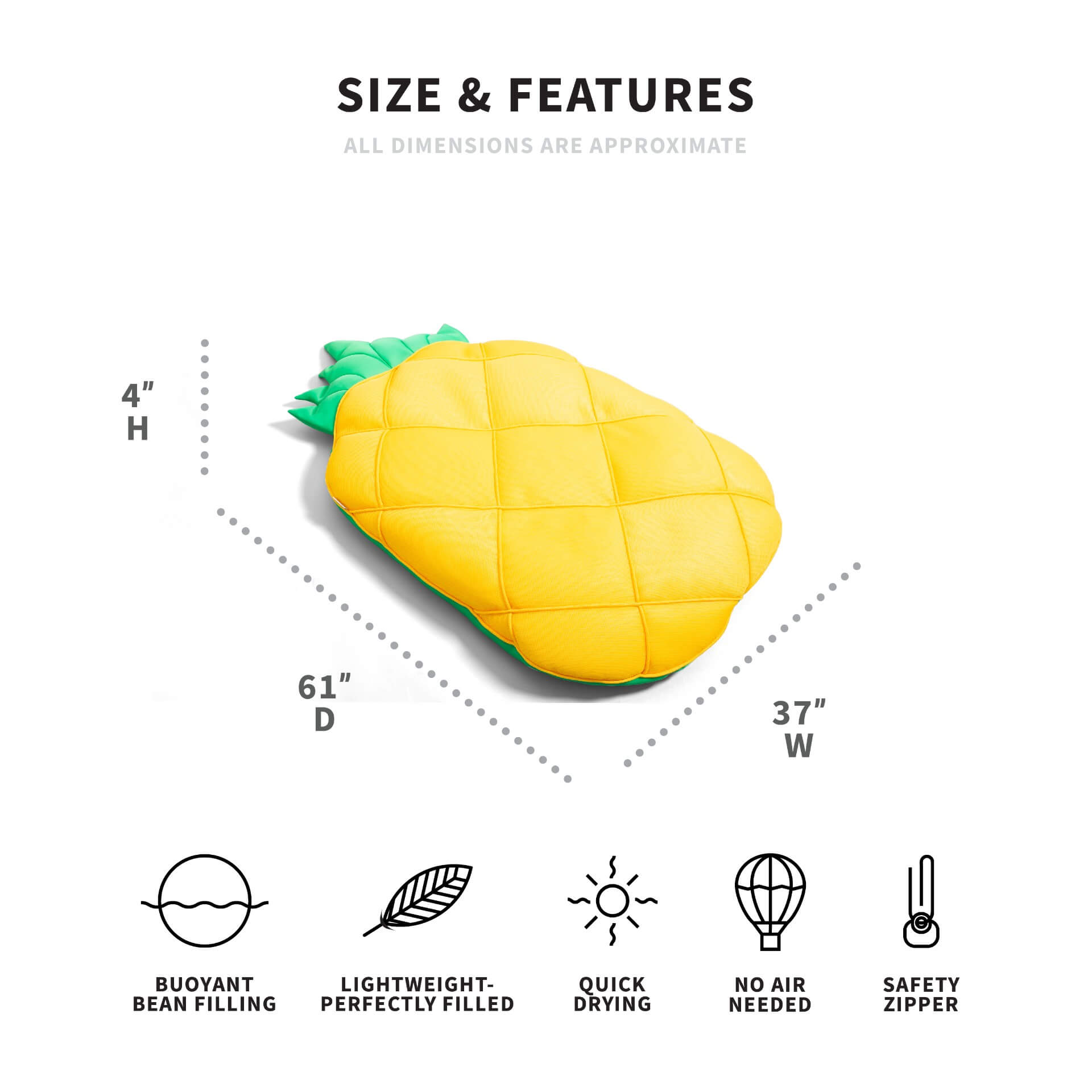 Pineapple-shaped pillow with dimensions and features on a white background