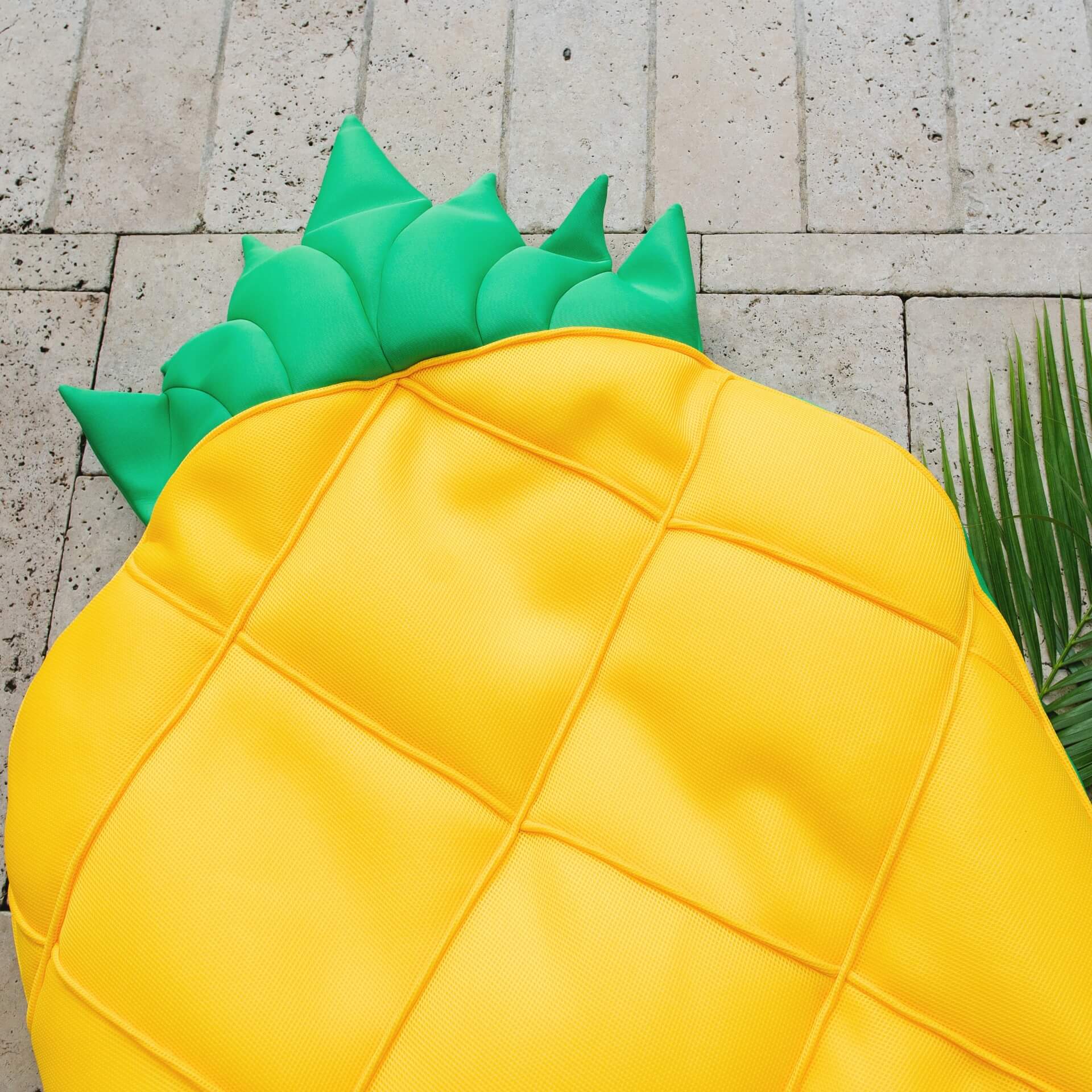 Pineapple-shaped inflatable pool toy on a stone surface with a leafy background