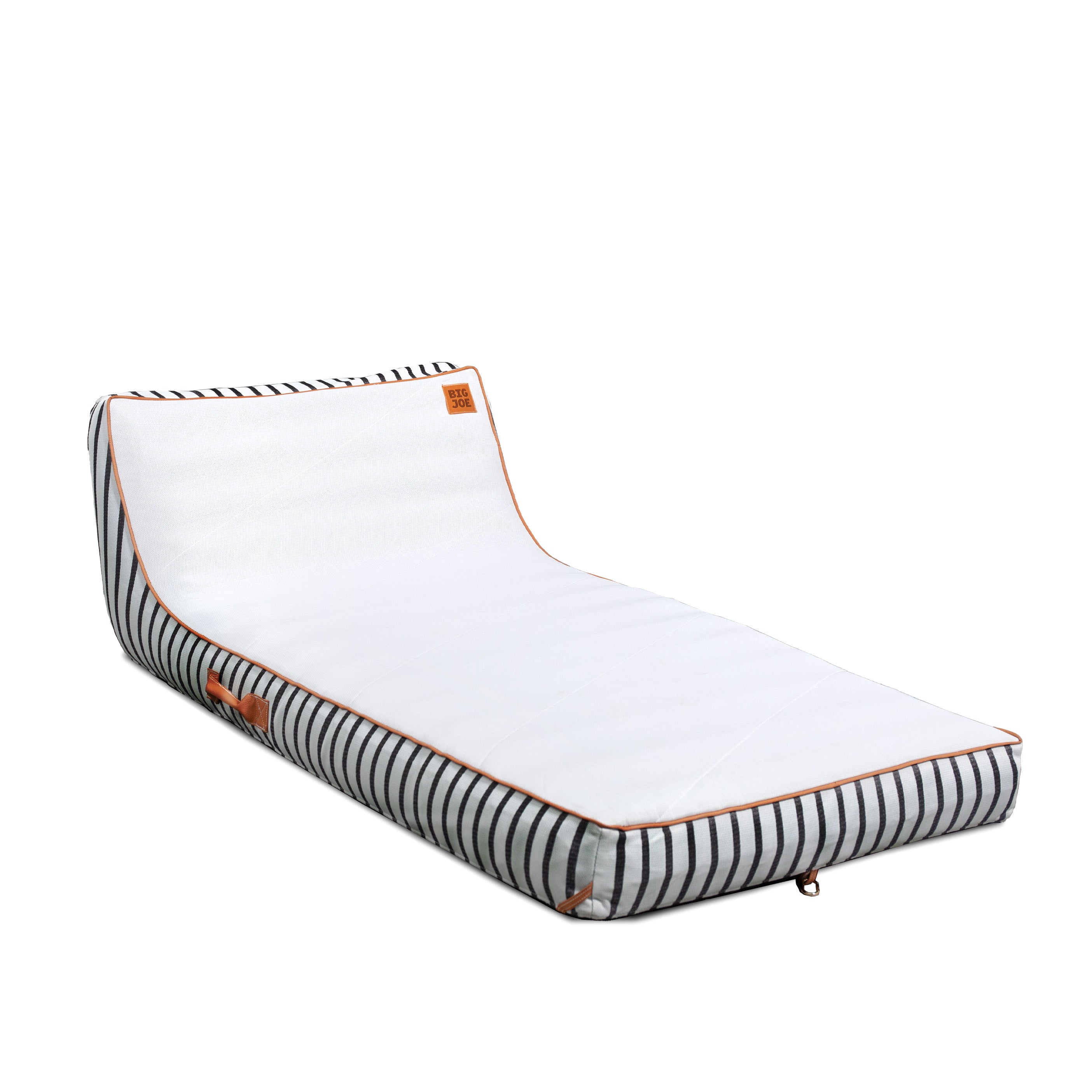 White pet bed with black striped sides on a white background
