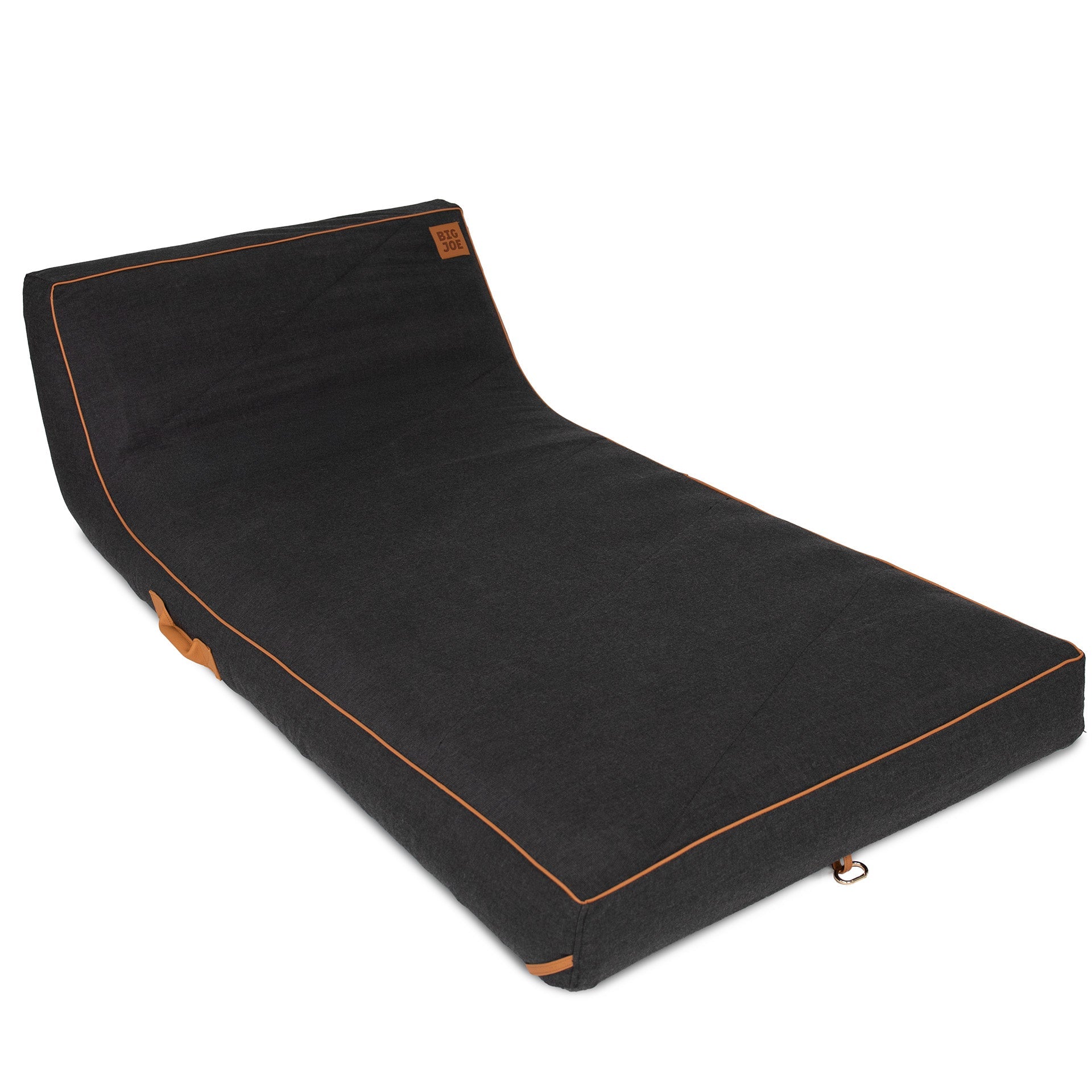 Black pet bed with brown piping on a white background