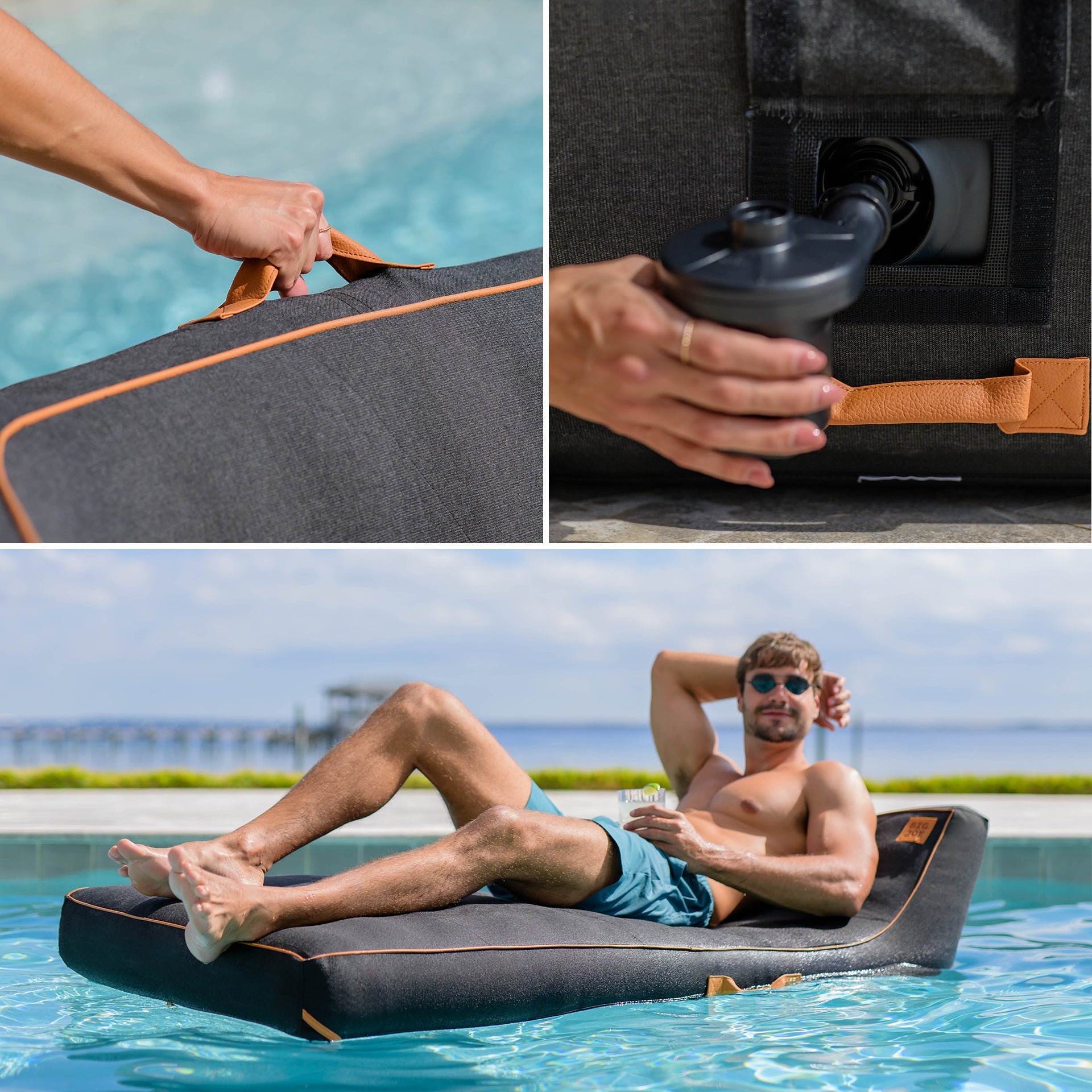 Collage of a portable pool float being used by a person by a pool.