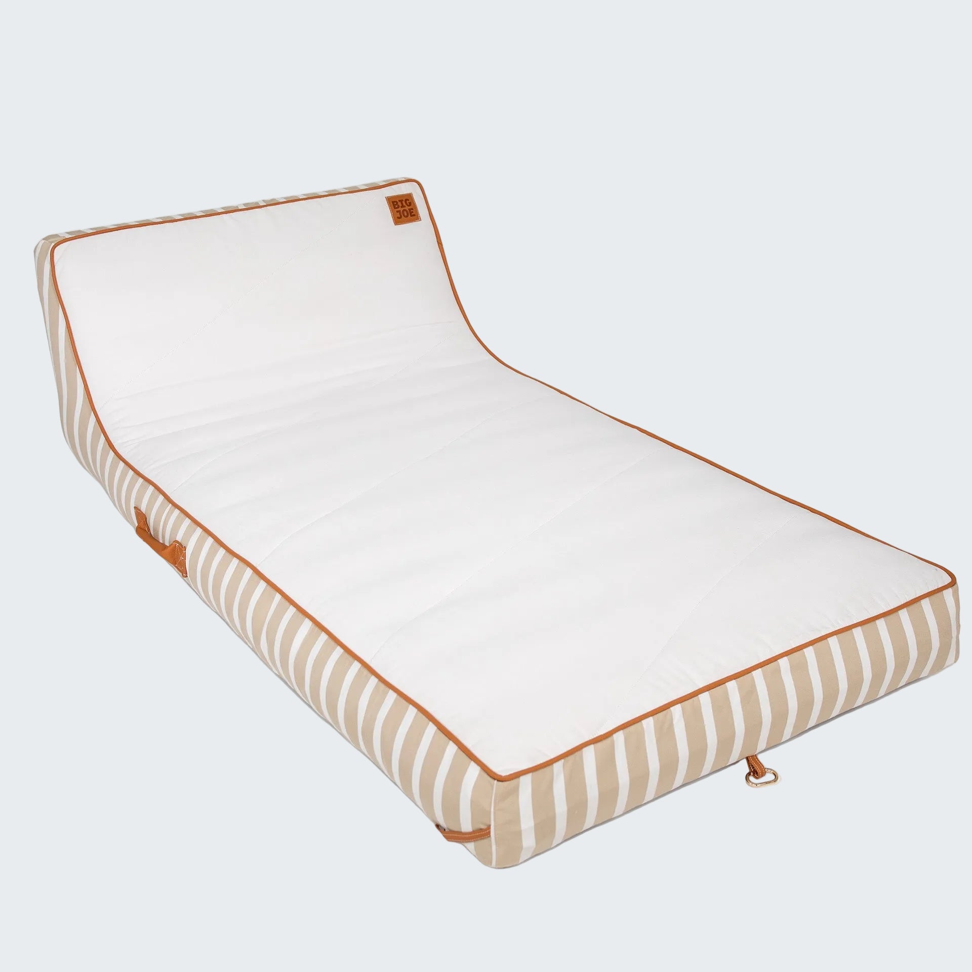 White pet bed with brown striped border on a white background