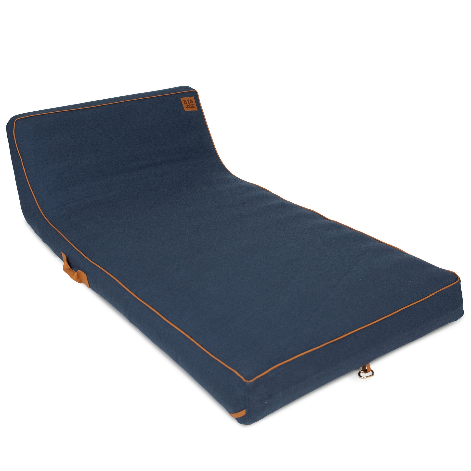 Blue pet bed with brown trim on a white background
