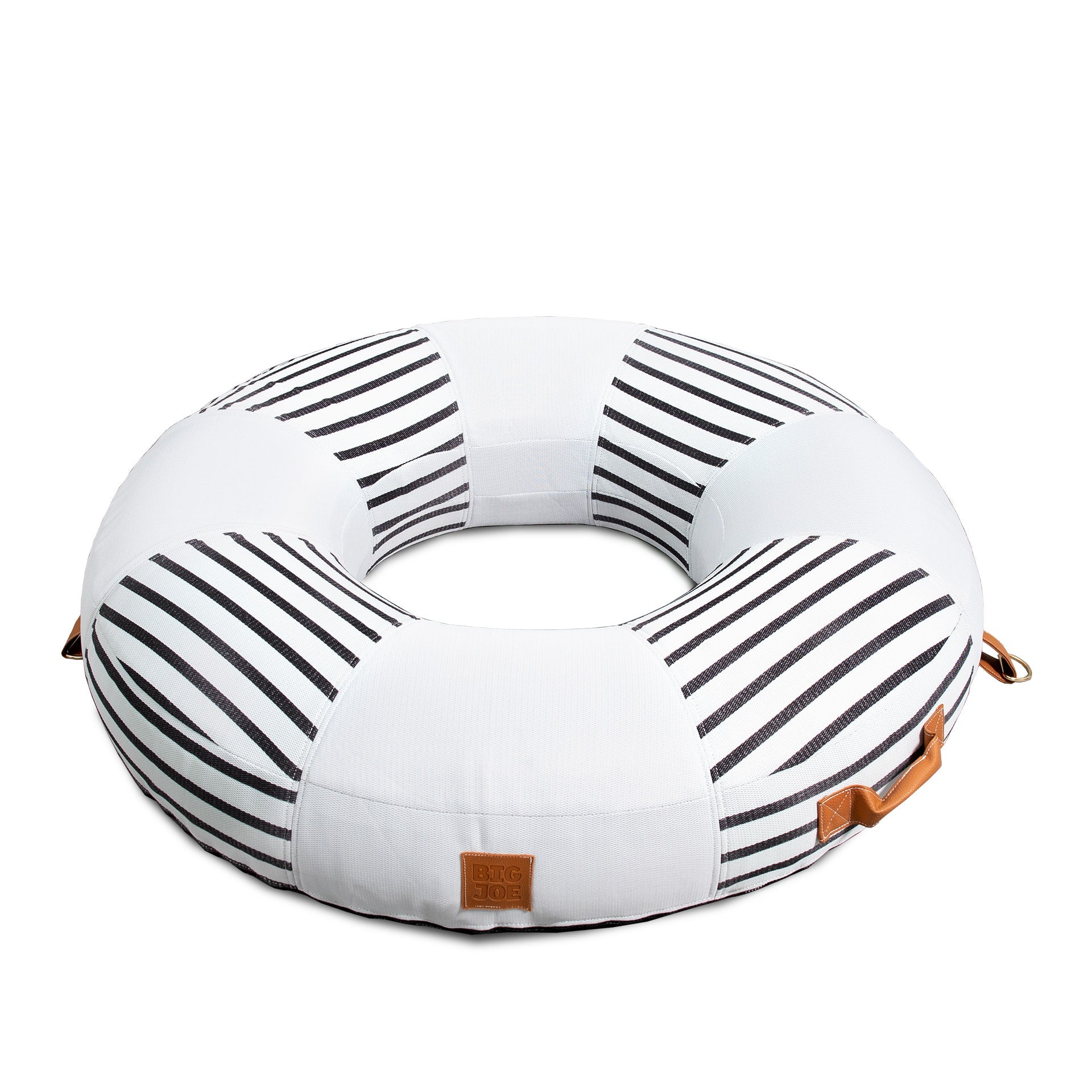White donut-shaped pillow with black stripe pattern on a white background