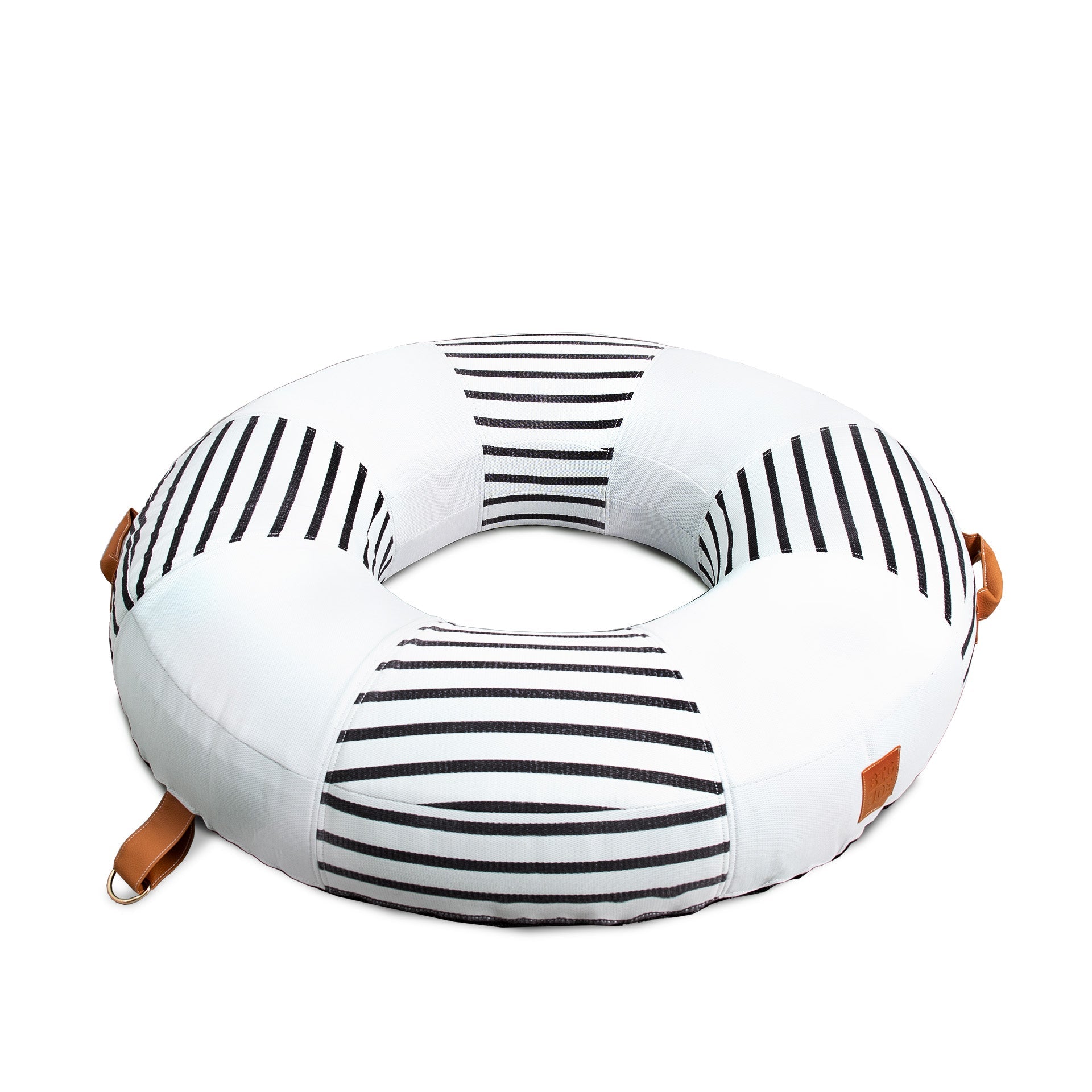 White neck pillow with black striped pattern on a white background