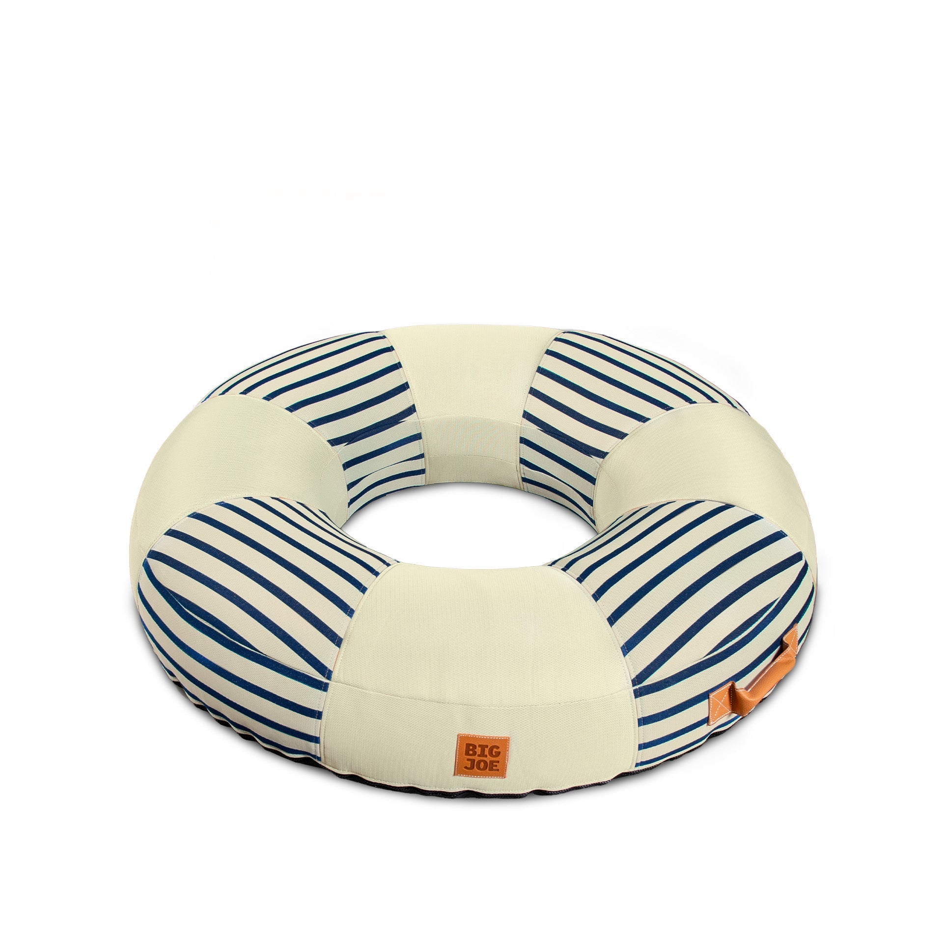 Round pet bed with blue stripes and 'BIG JOY' logo on a white background