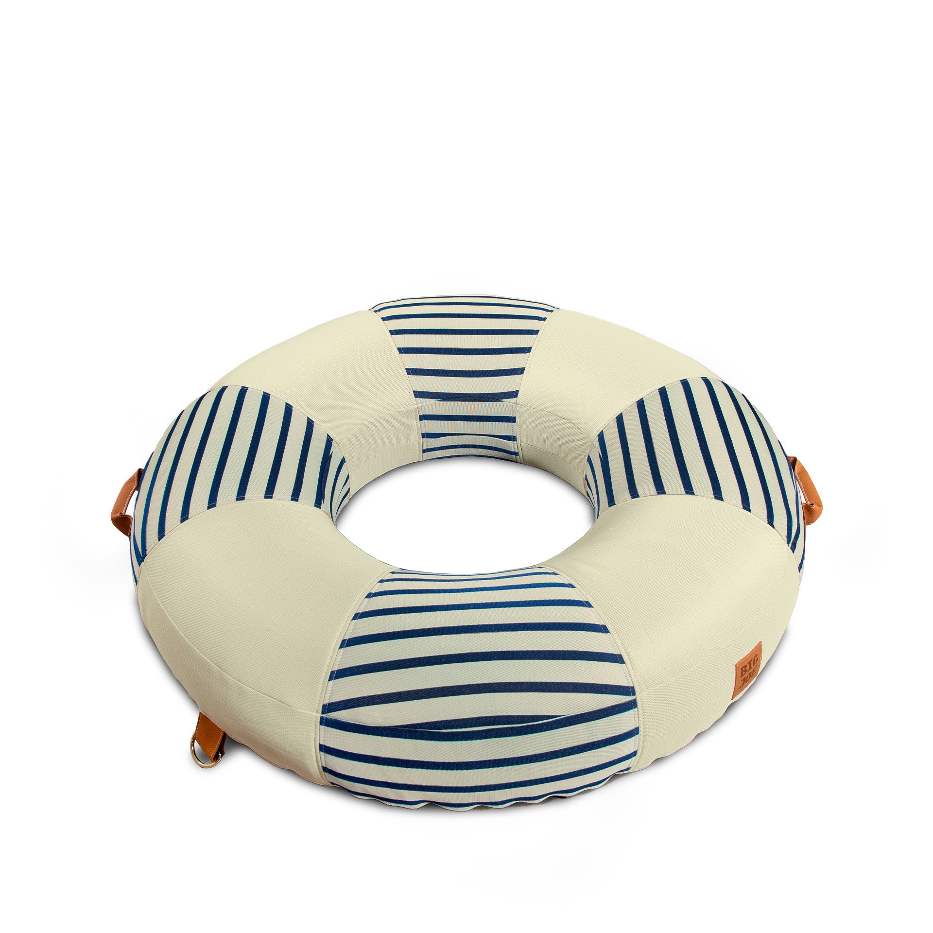 Round neck pillow with blue stripes on a white background