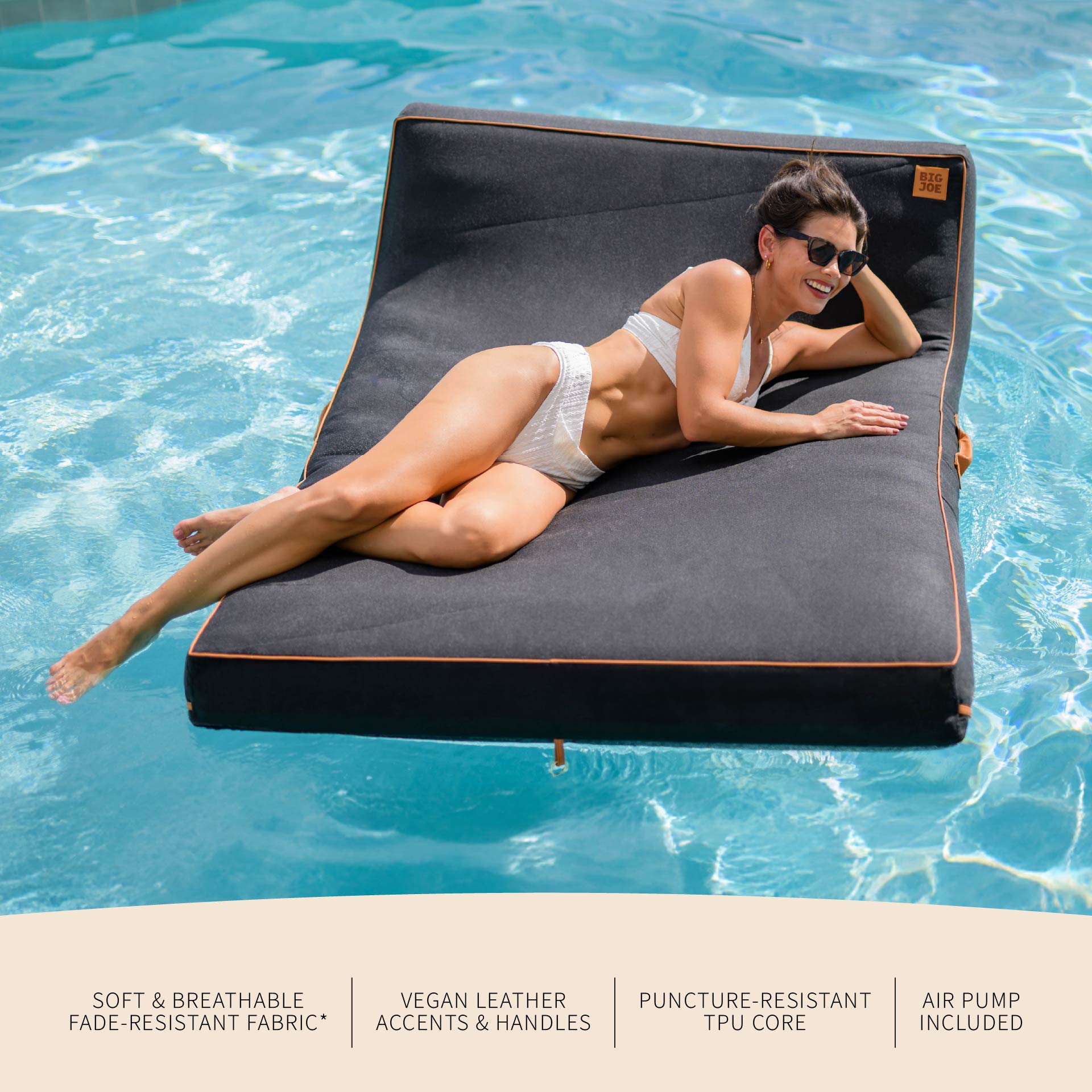 Person lying on a floating mat in a pool with product features listed below.