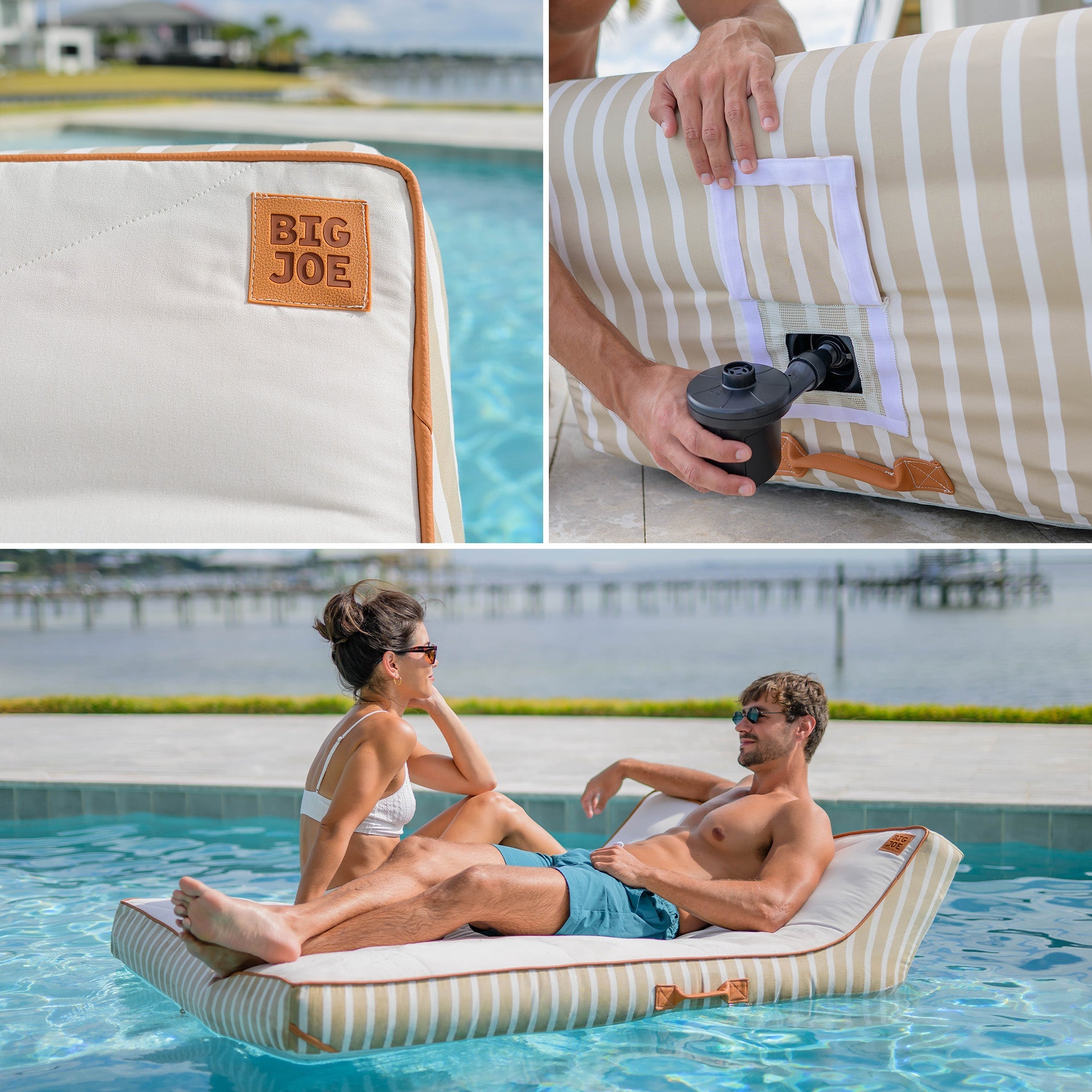 Collage of a Big Joe inflatable pool float with a person using a pump, and two people sitting on it by a pool.
