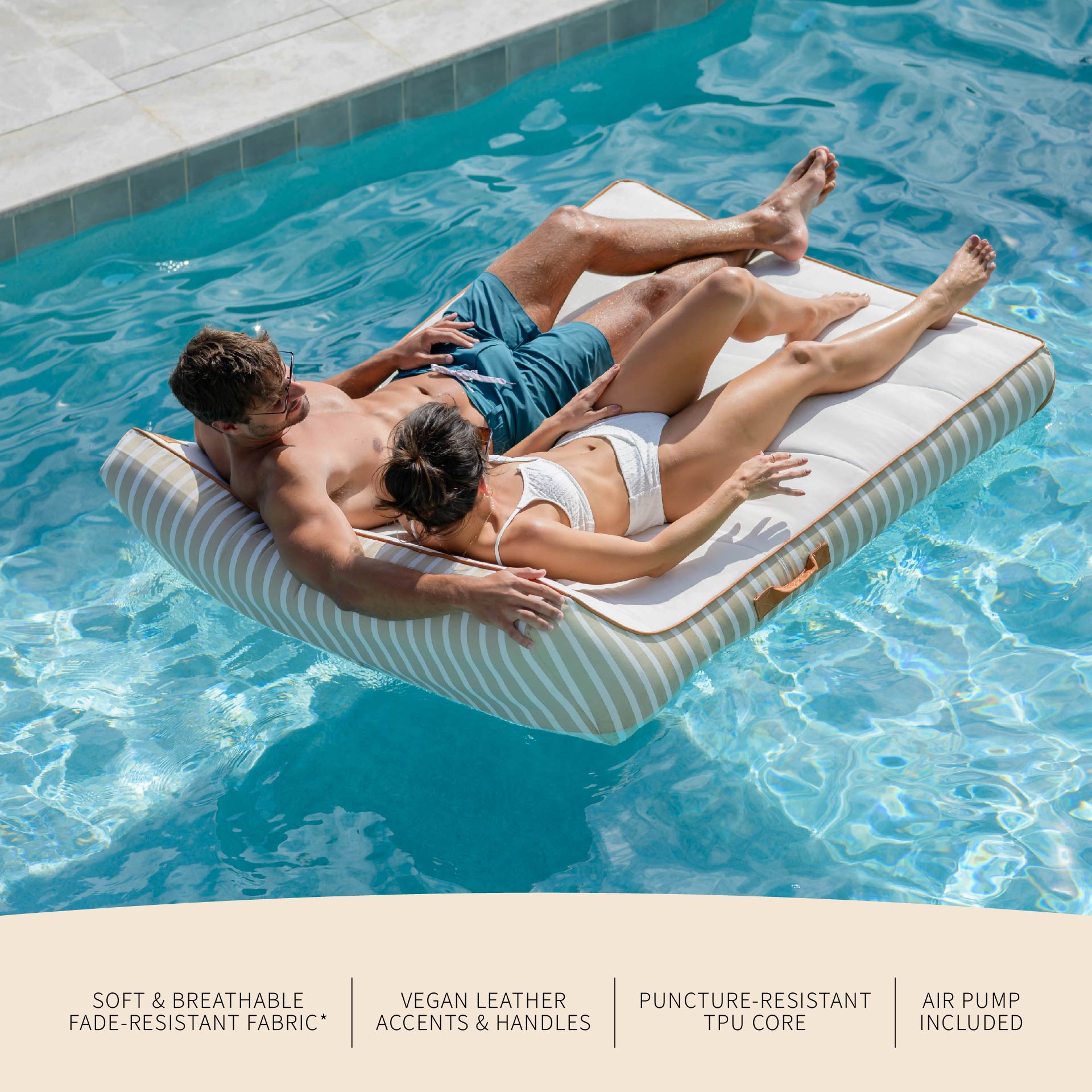 Two people lying on a striped pool float in a swimming pool with product features listed below.