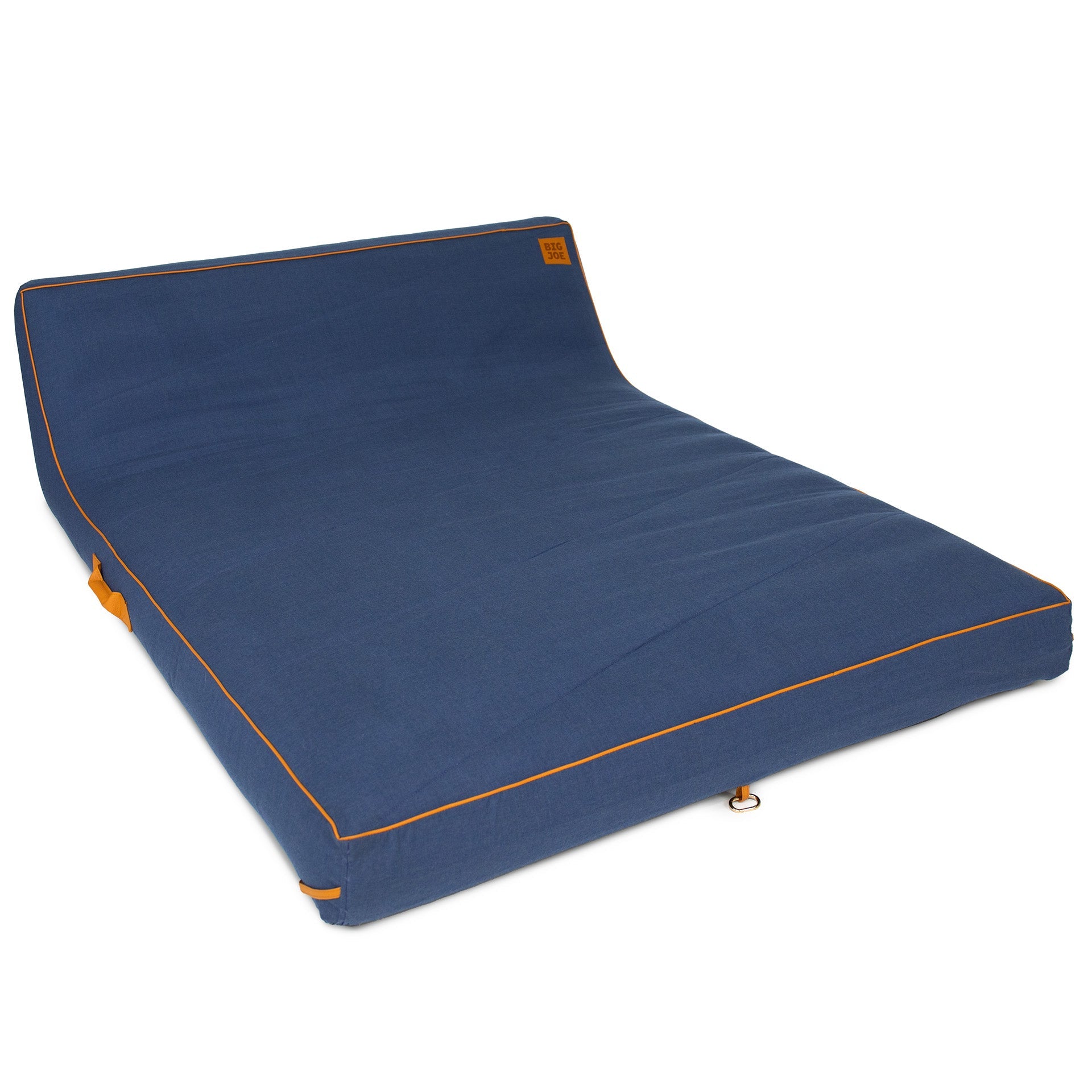 Blue pet bed with orange stitching on a white background