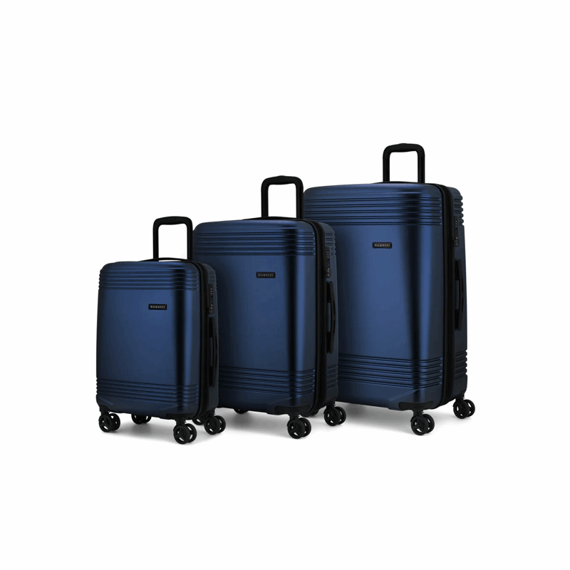 Set of three blue suitcases of different sizes on a white background