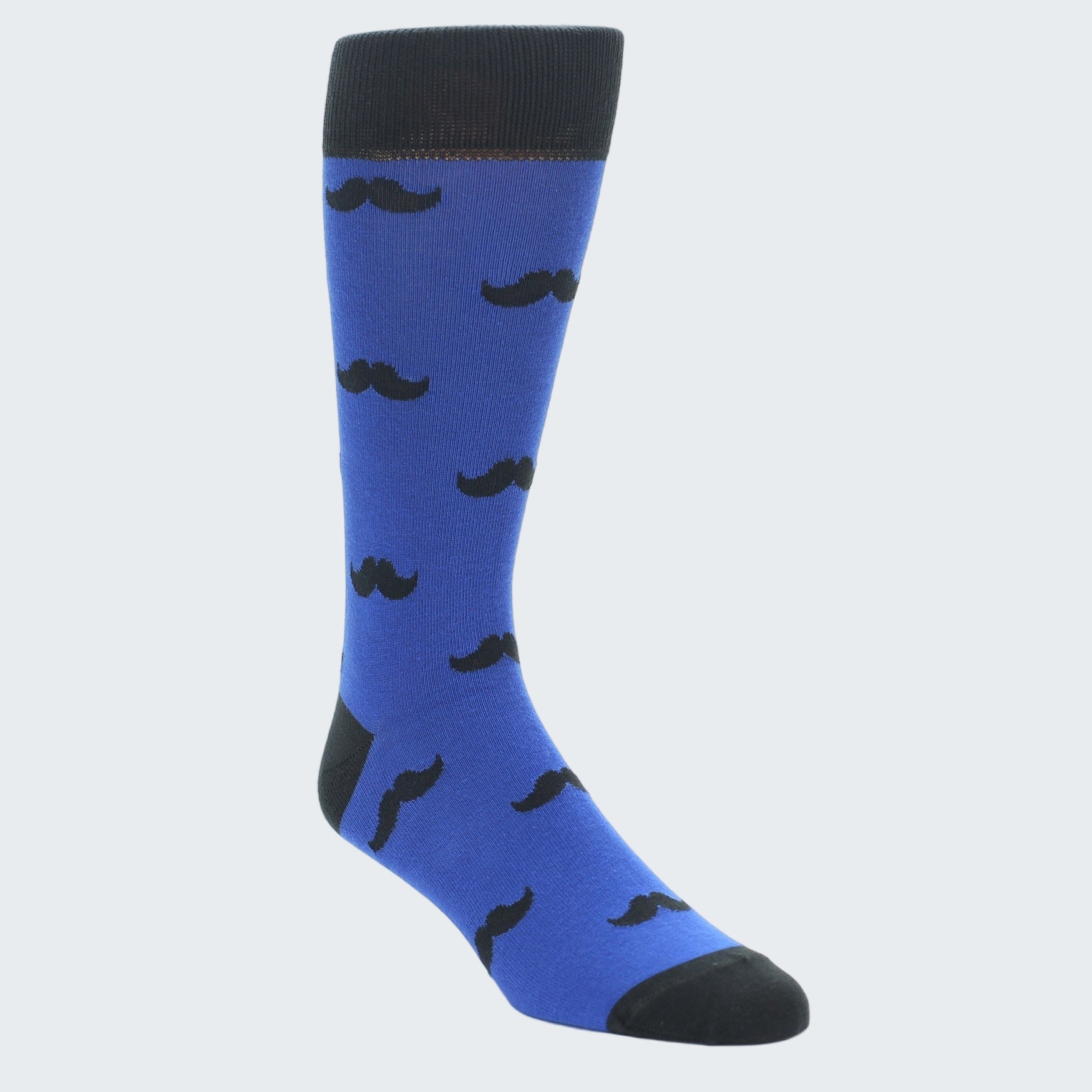 Blue sock with black mustache patterns on a white background