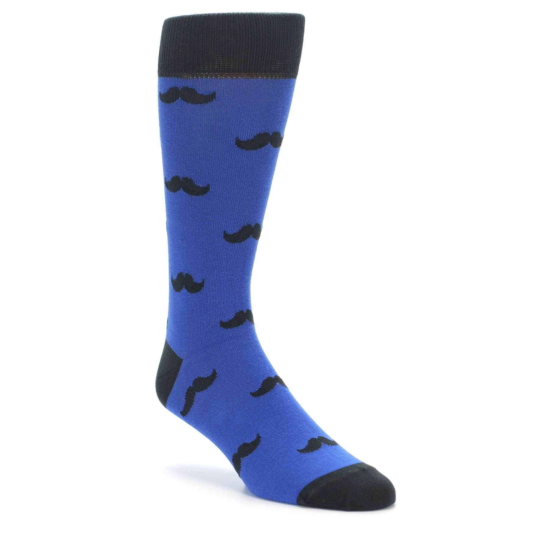 Blue sock with black mustache patterns on a white background