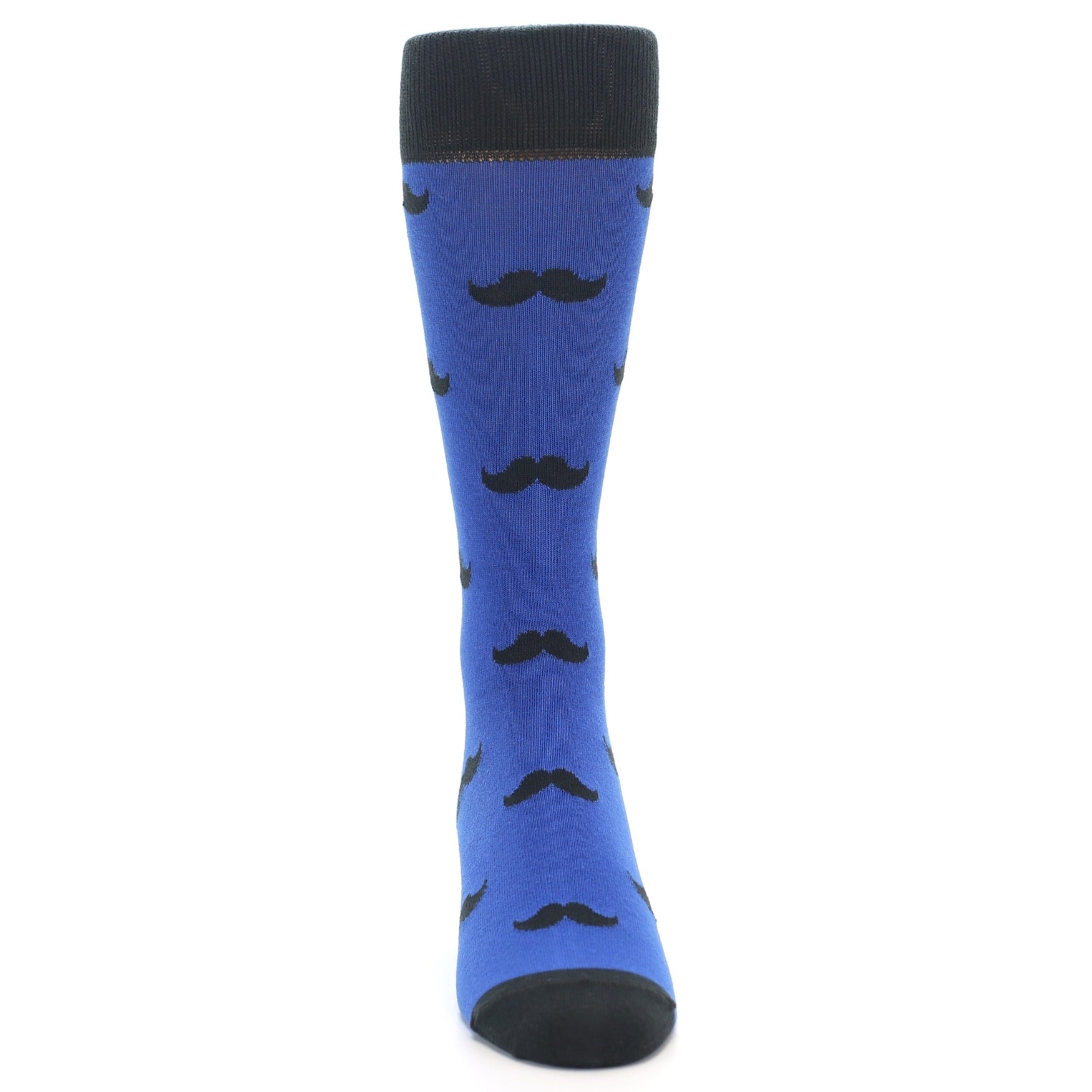 Blue sock with black mustache pattern on a white background