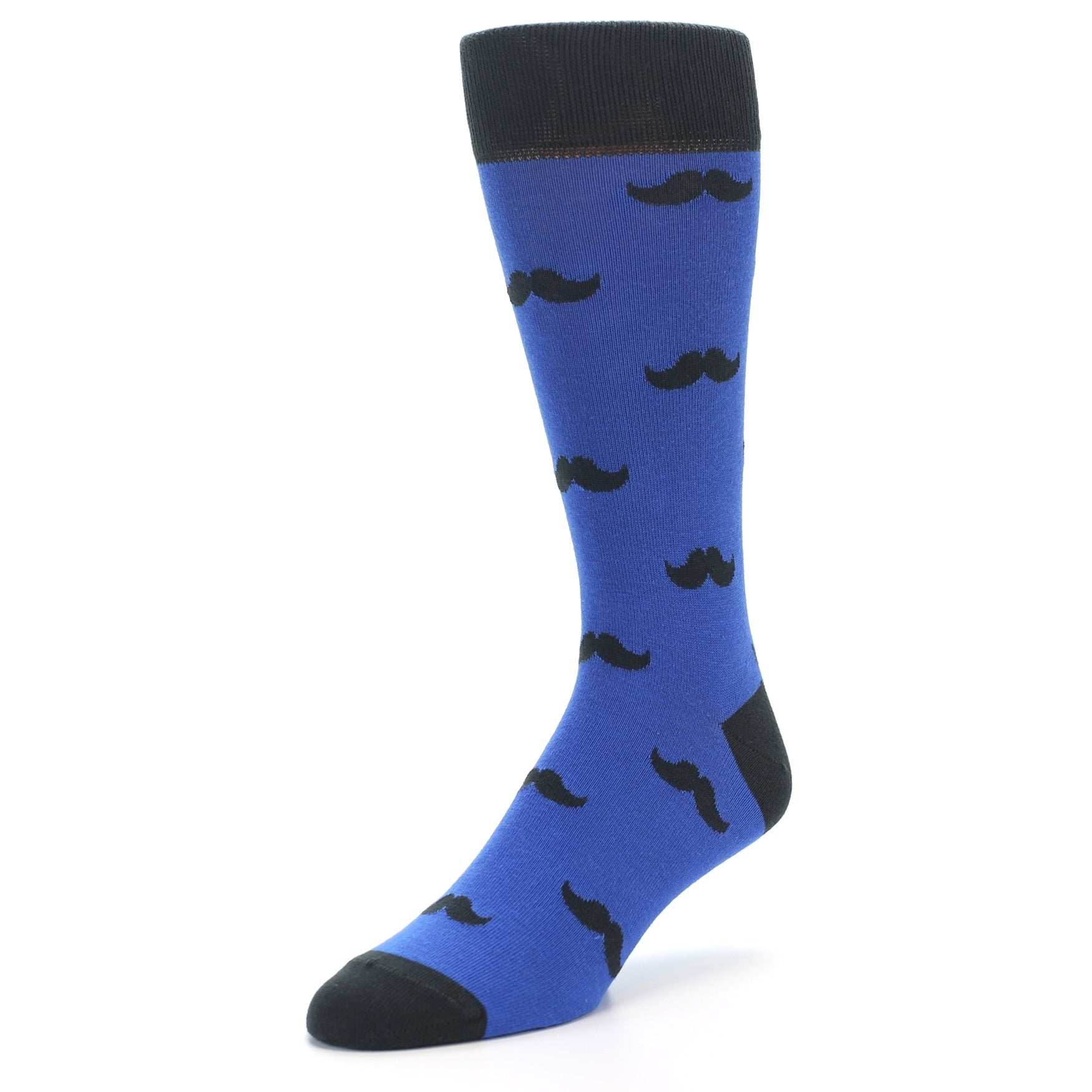 Blue sock with black mustache pattern on a white background