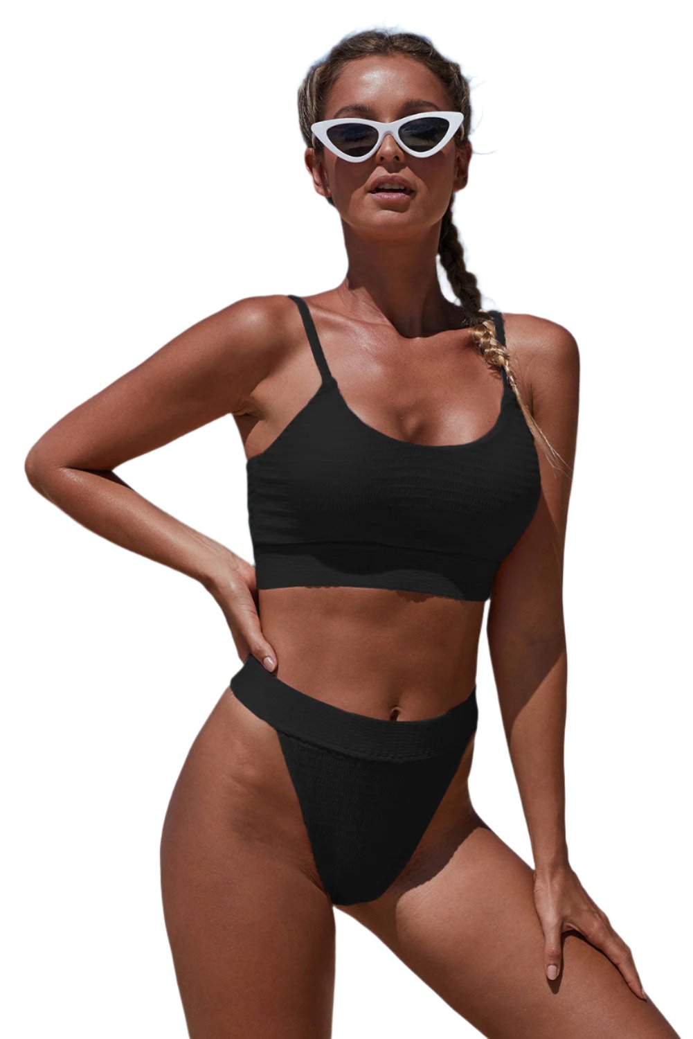 Black Two-Piece Knit Textured Crop Bikini Set